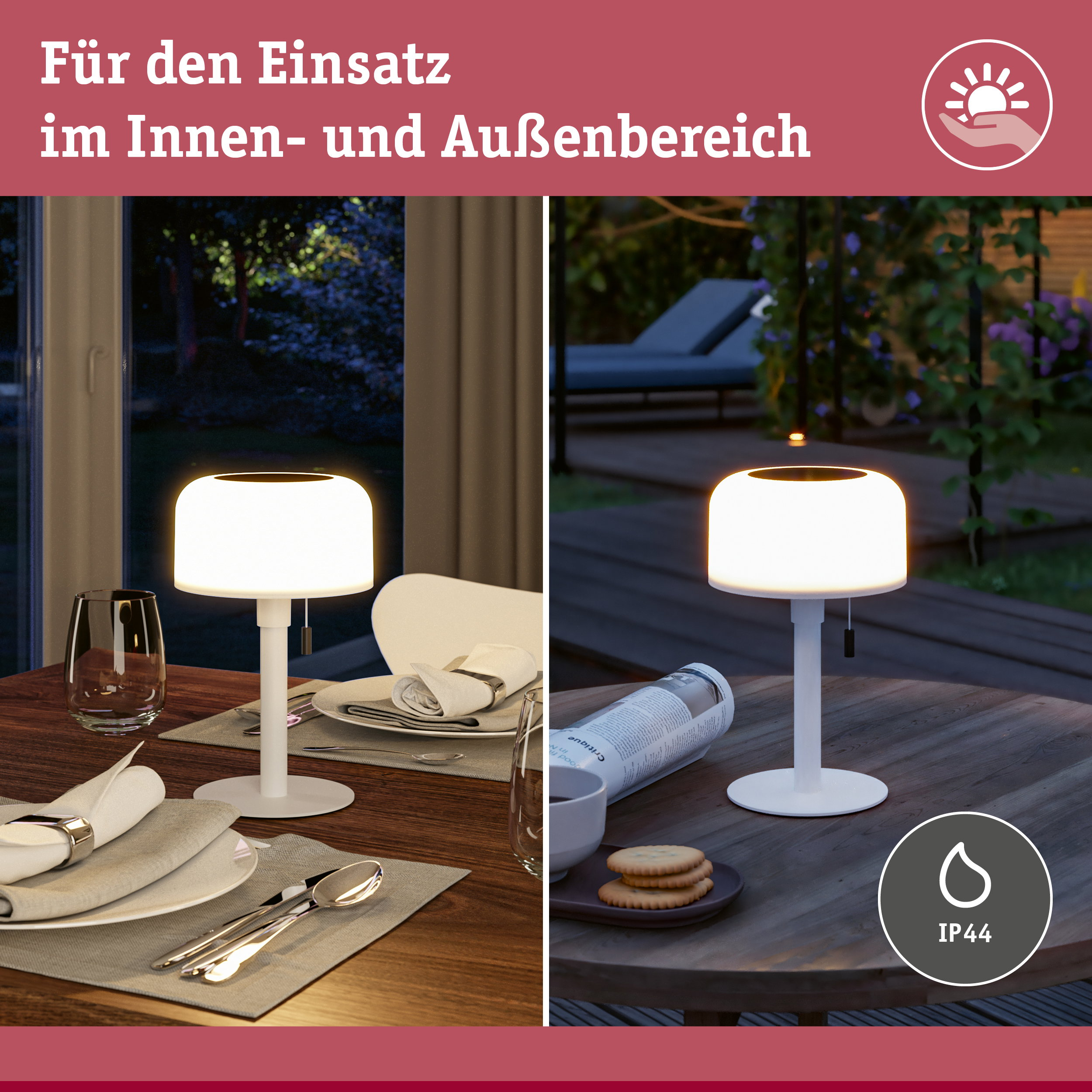 Eine weiße Solarlampe für den Innen- und Außenbereich auf Holztischen, nachts und abends beleuchtet.
