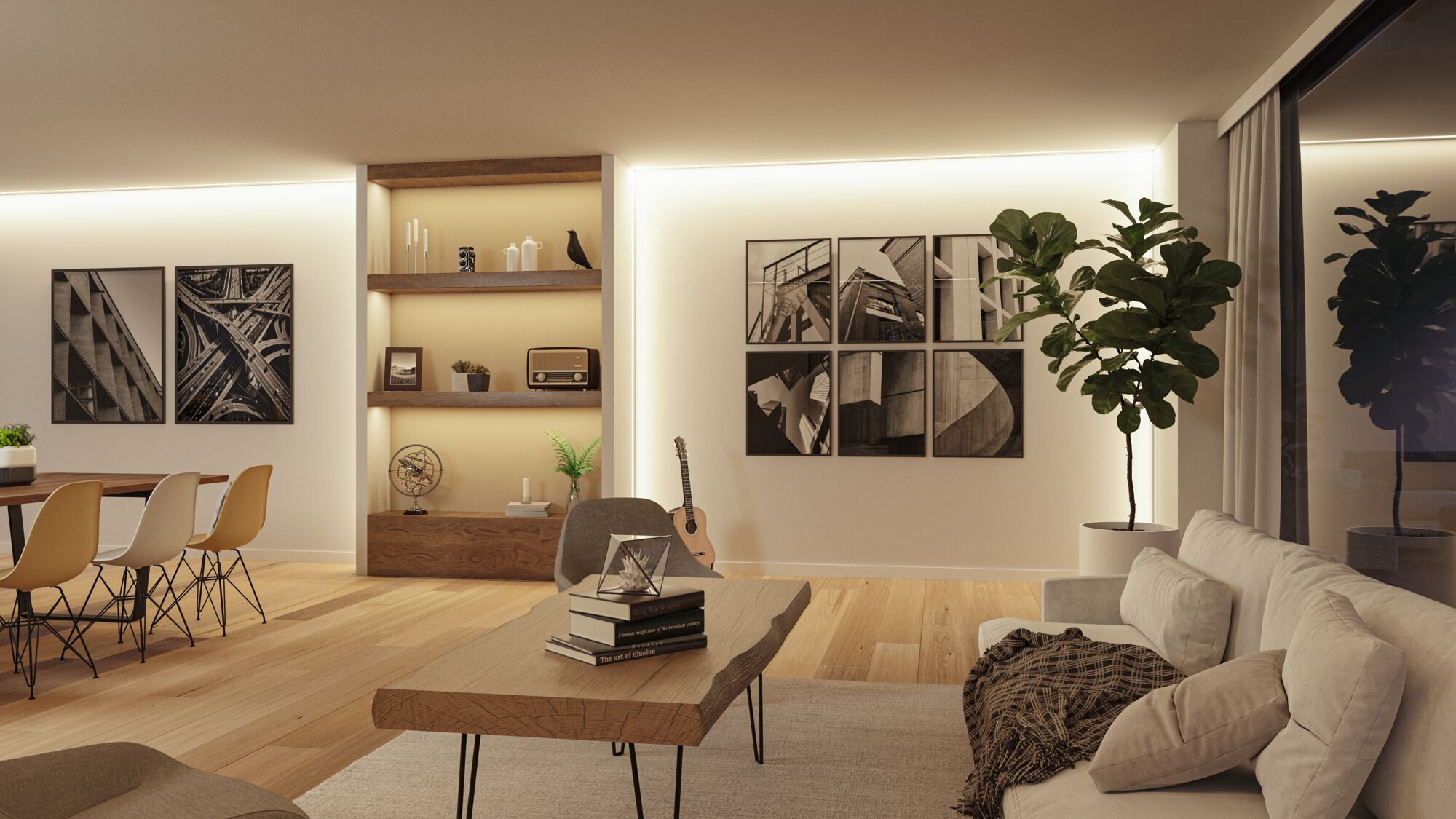 Wohnzimmer mit Holzcouchtisch, hellem Sofa, beleuchtetem Regal, Pflanzen und Bildern an der Wand.