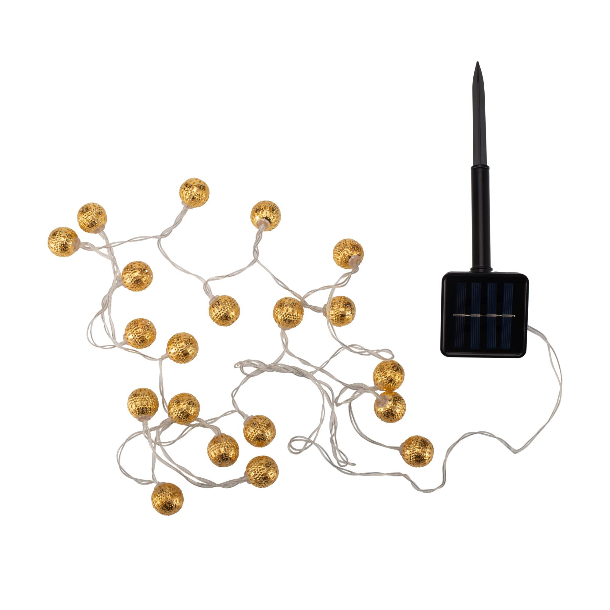 Solar-Lichterkette mit goldfarbenen Kugeln und schwarzem Solarpanel auf weißem Grund.