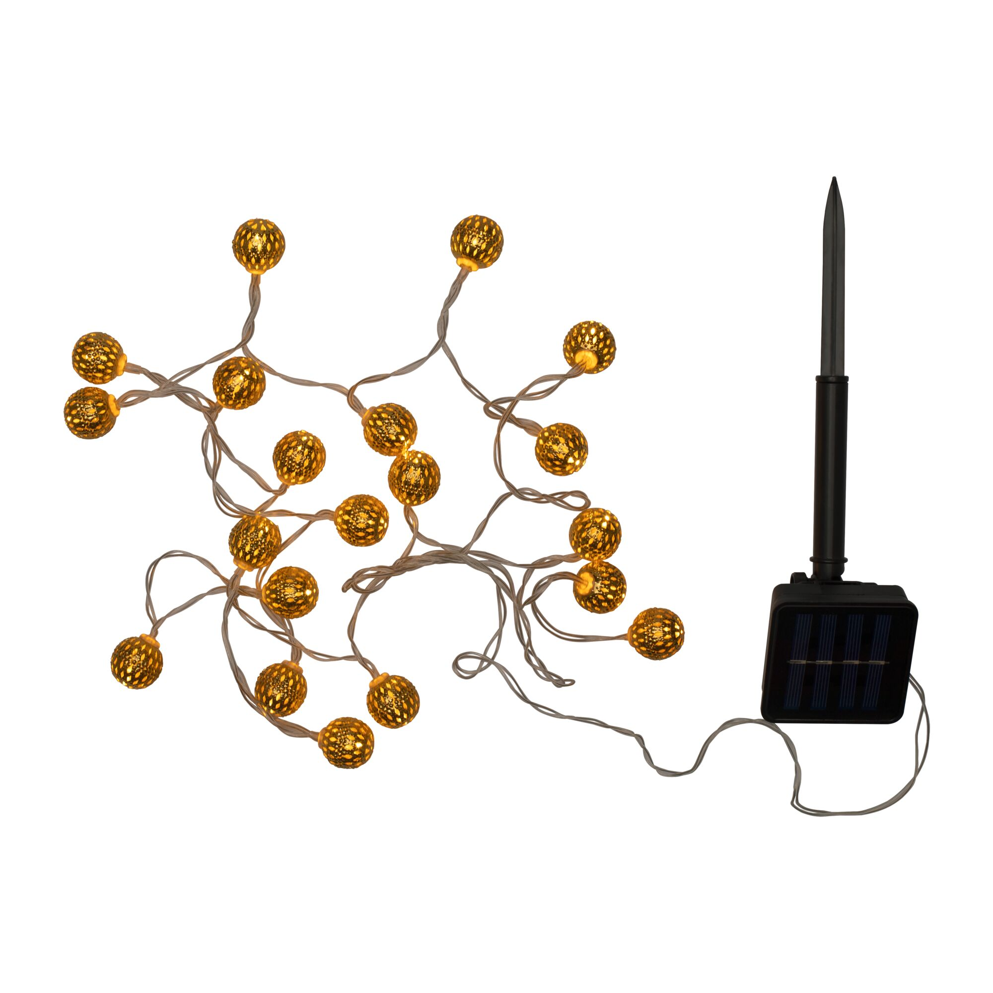 Lichterkette aus leuchtend goldenen Kugeln, verbunden mit einem schwarzen Solarmodul mit Erdspieß.