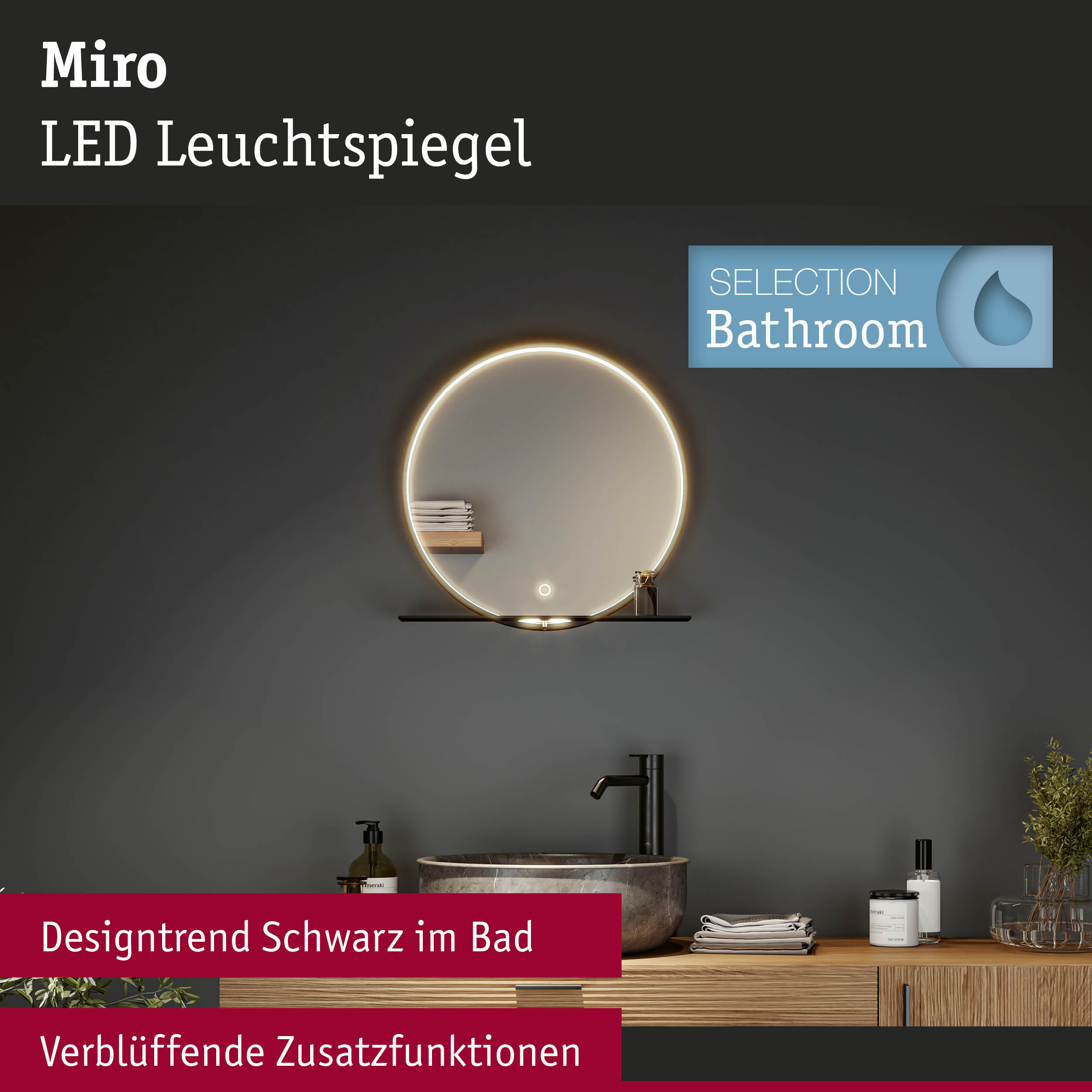 Runder LED-Spiegel mit integrierter Beleuchtung über einem Waschbecken in einem modernen Badezimmer.
