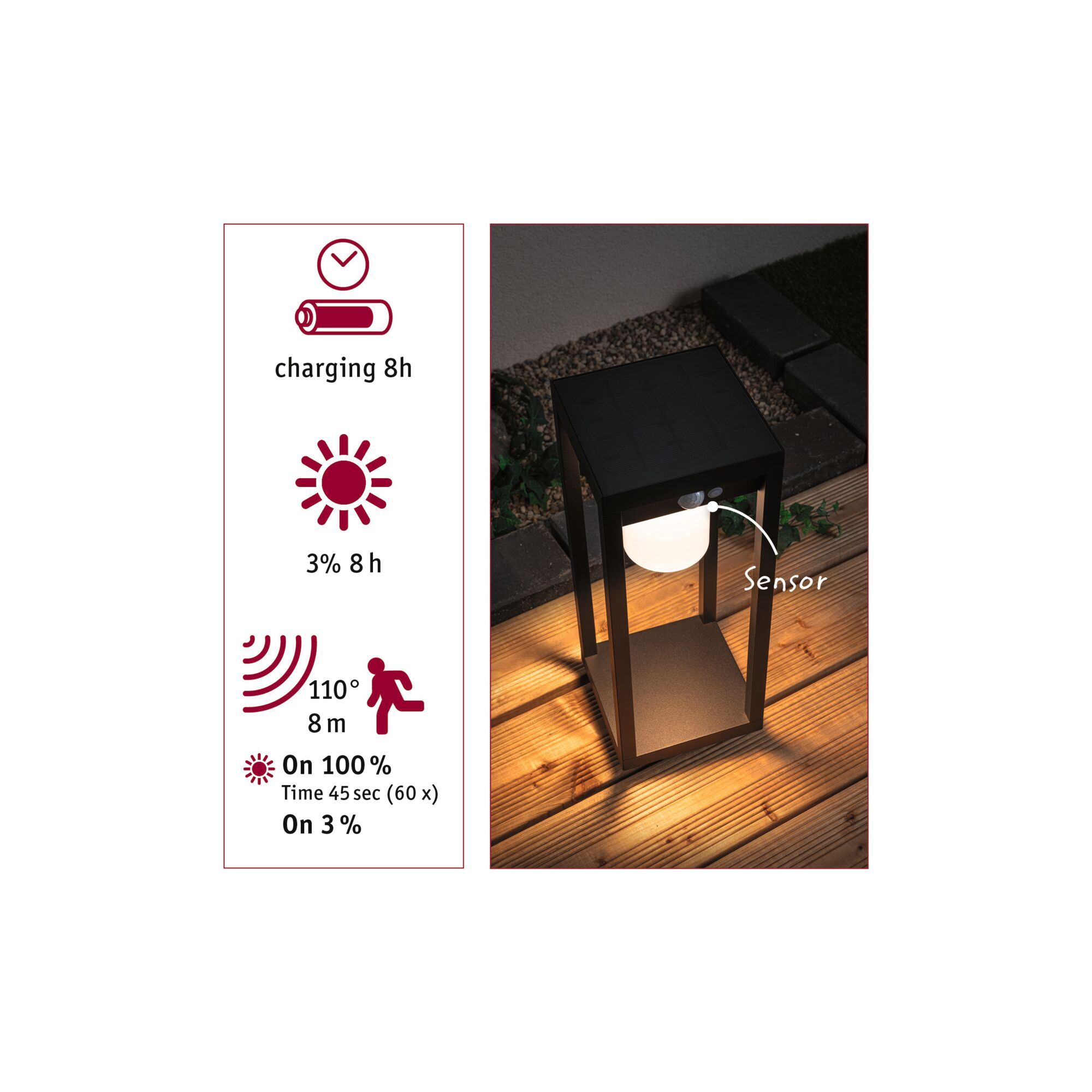 Solar-Gartenleuchte auf Holzterrasse mit Symbolen zu Ladezeit und Bewegungssensor.