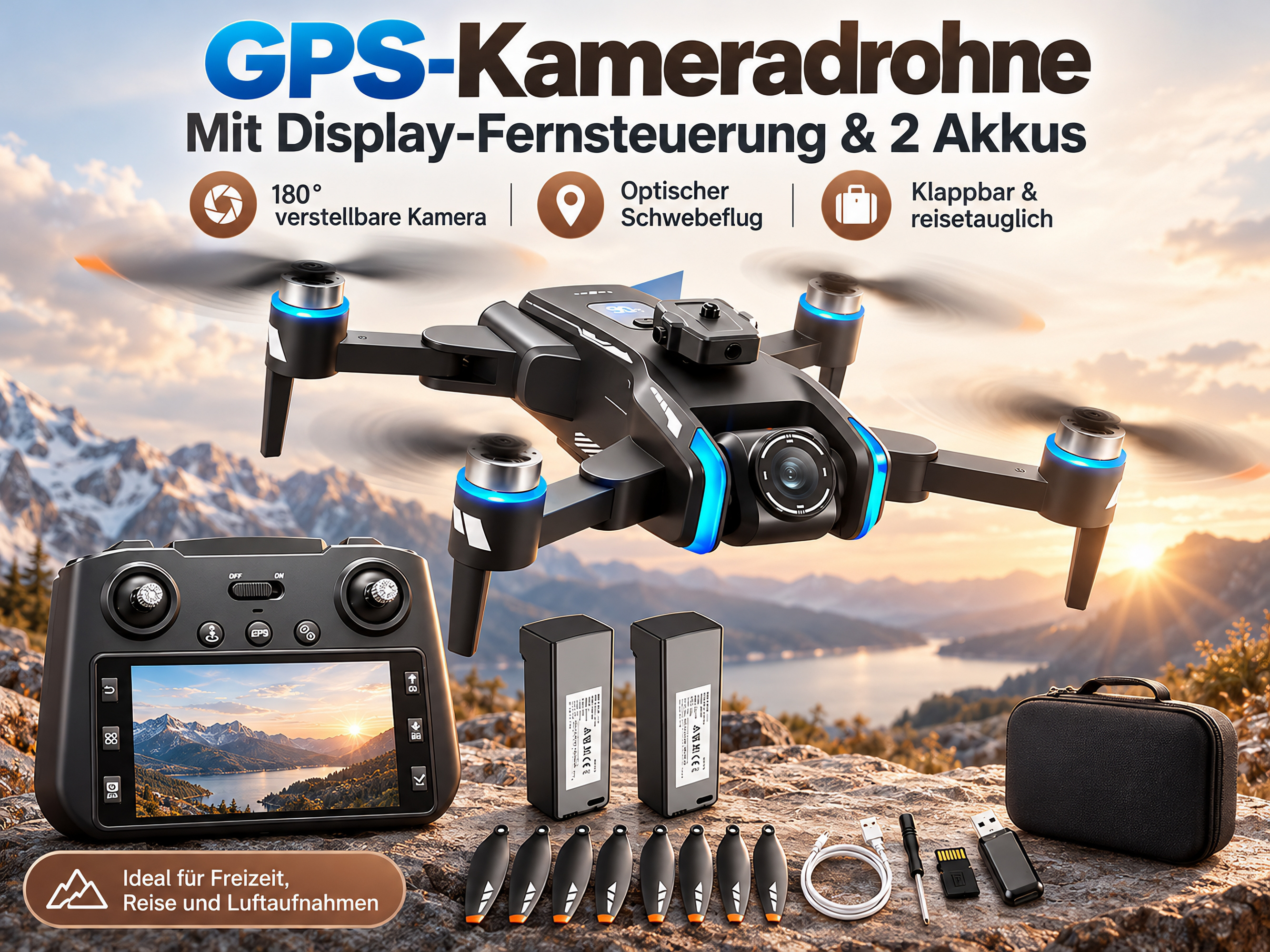 Eine schwarze Drohne mit Lichtern, Fernbedienung, zwei Akkus, Ersatzblättern und Zubehör auf Felsen.