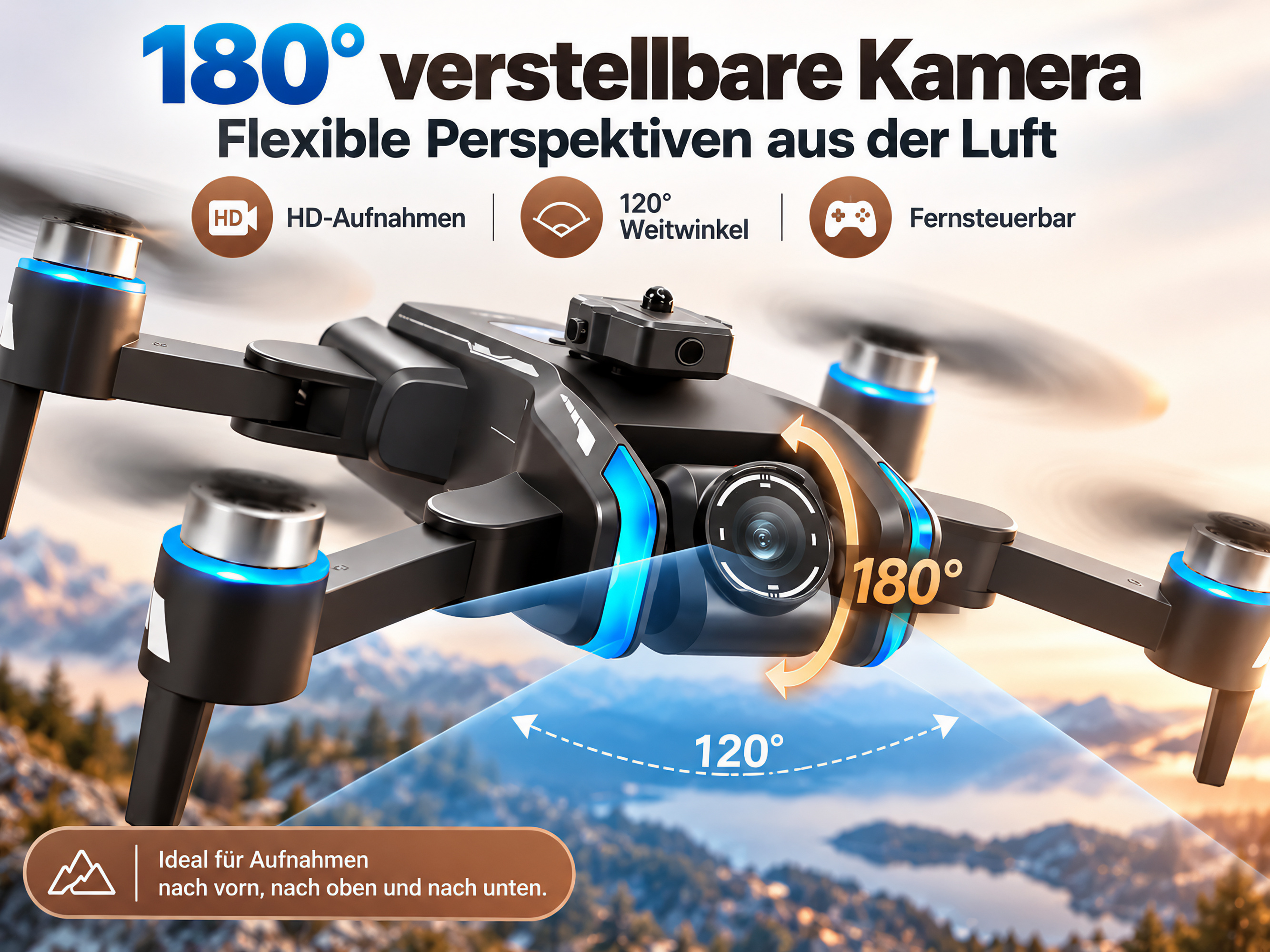 Schwarze Drohne mit HD-Kamera, Weitwinkel und blauem Licht vor Bergkulisse.
