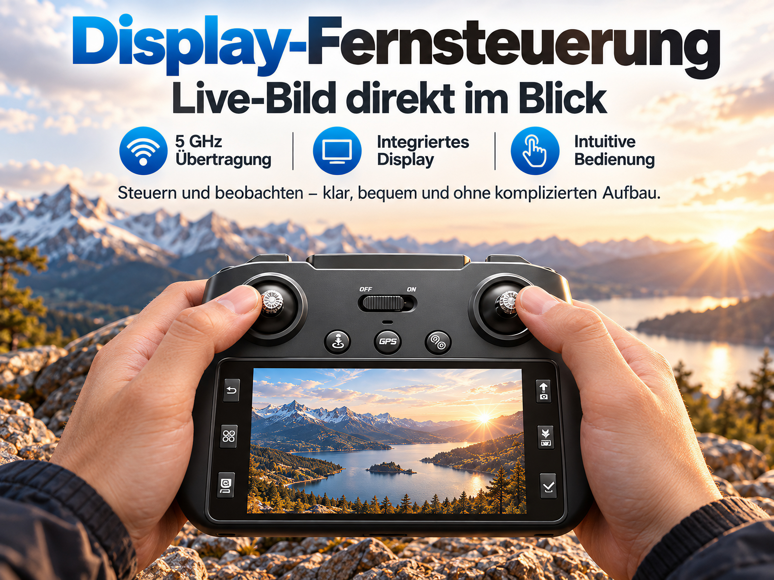 Eine Hand hält eine schwarze Drohnenfernsteuerung mit integriertem Display vor einer Berglandschaft.