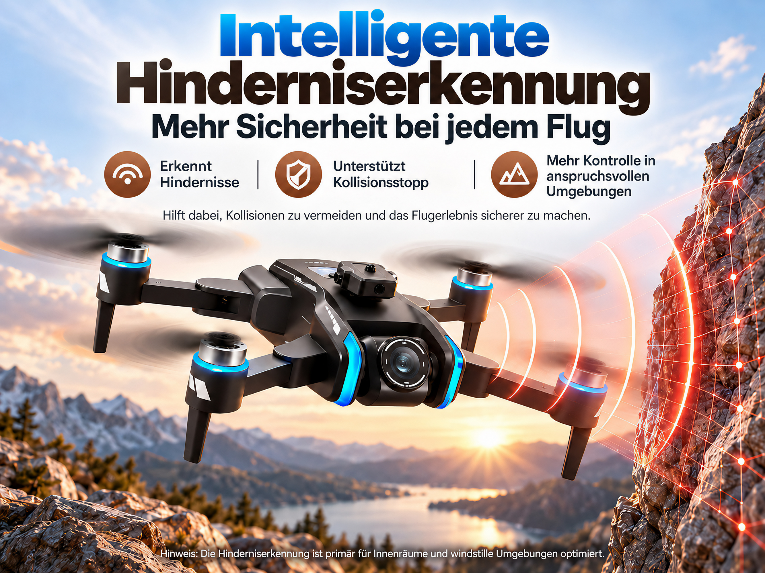 Eine schwarze Drohne mit blauen Akzenten fliegt vor einer felsigen Berglandschaft und sendet rote Warnwellen aus.
