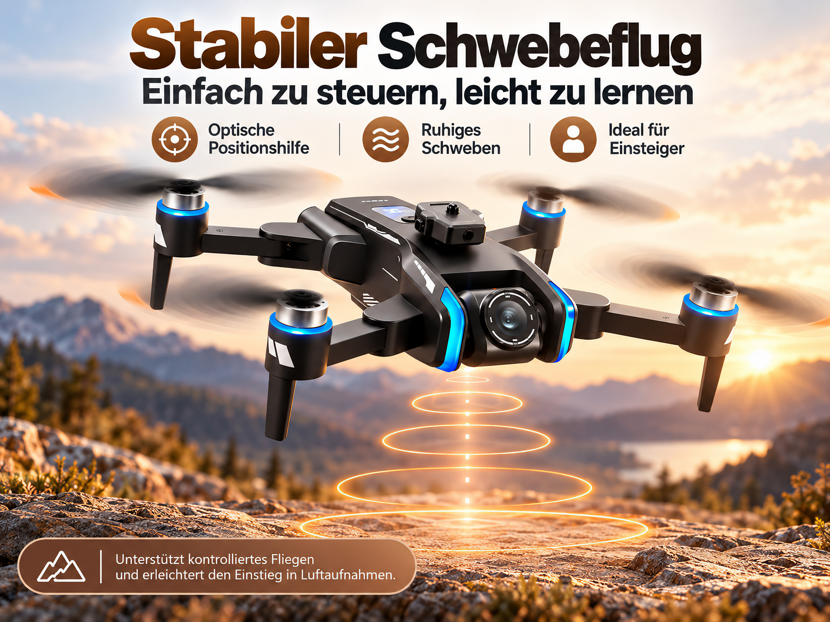 Schwarze Drohne im Schwebeflug über felsiger Landschaft bei Sonnenuntergang mit Text und Symbolen.