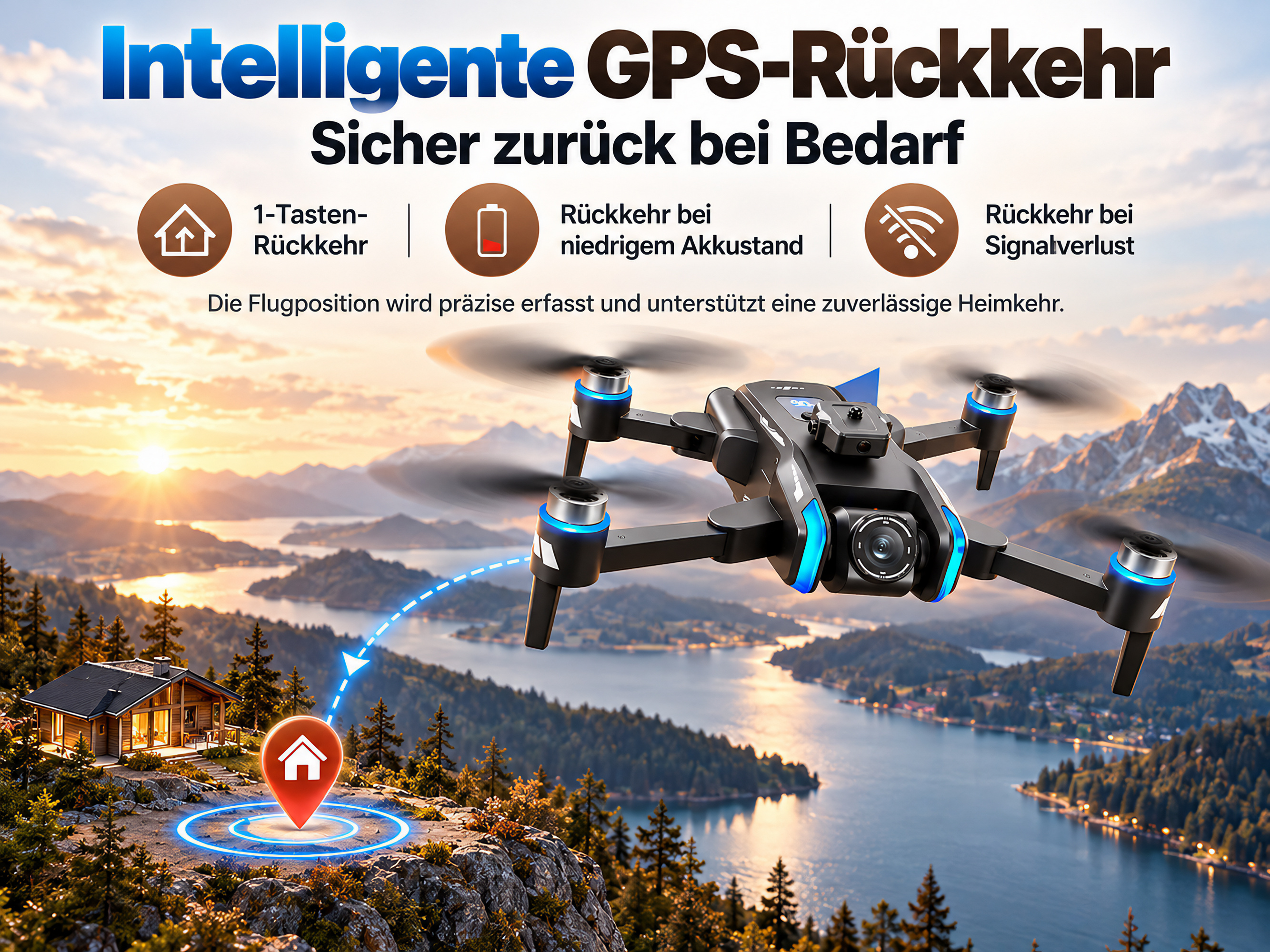 Eine schwarze Drohne fliegt bei Sonnenuntergang über See und Berge zu einem Hausmarker zurück.