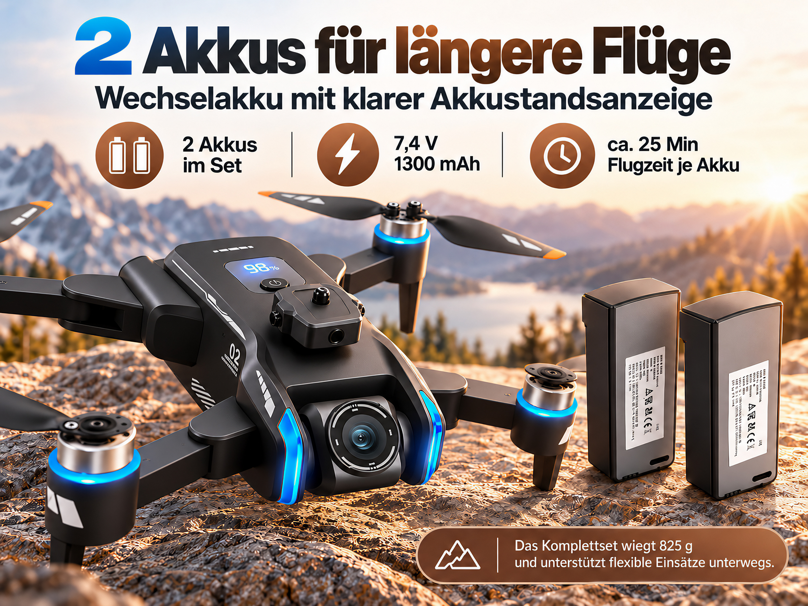 Eine schwarze Drohne mit zwei Akkus und Berggipfeln im Hintergrund.