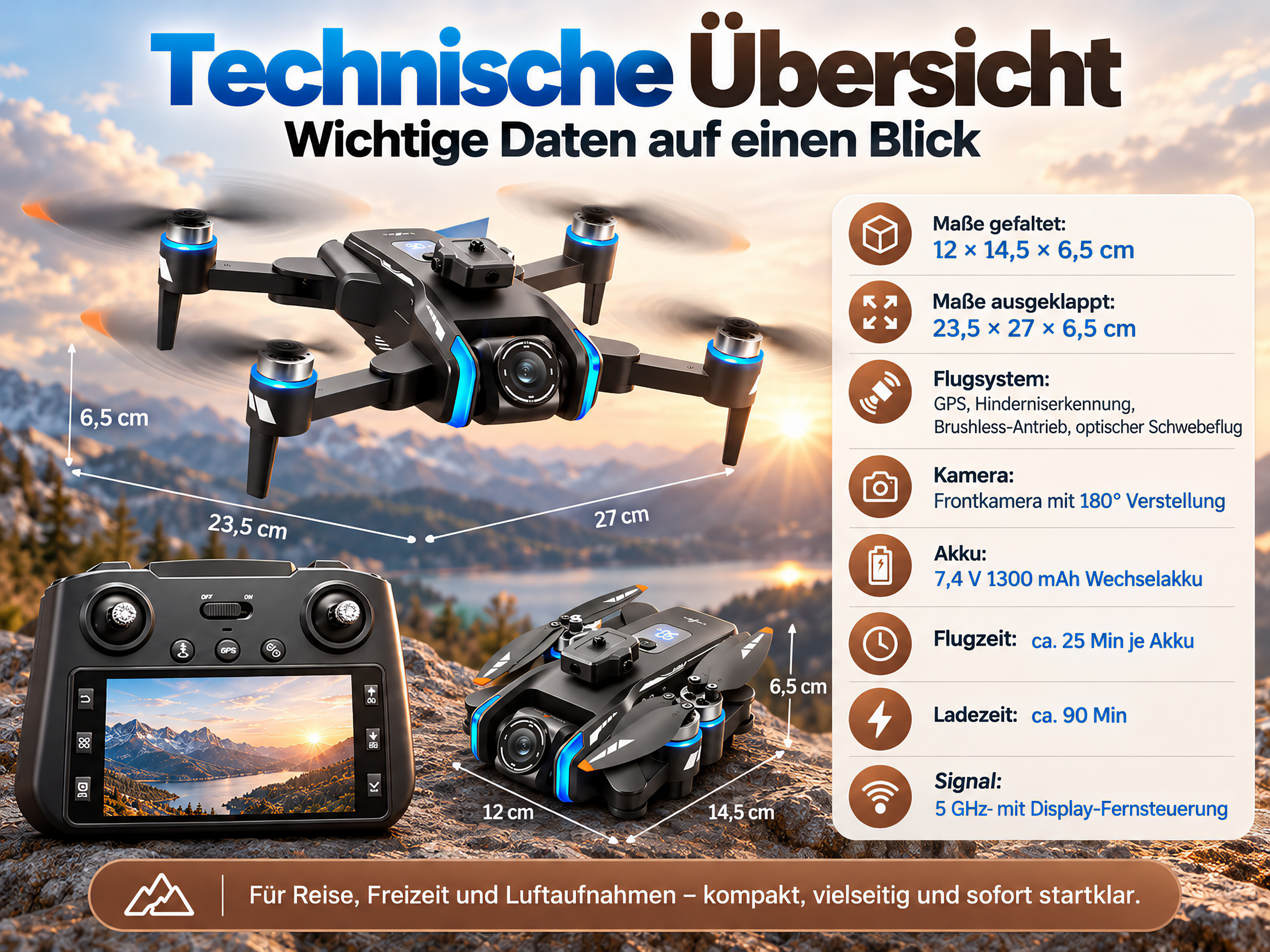Technische Übersicht einer schwarzen Drohne mit Fernsteuerung, Maßen und technischen Daten auf Berggrundgrund.