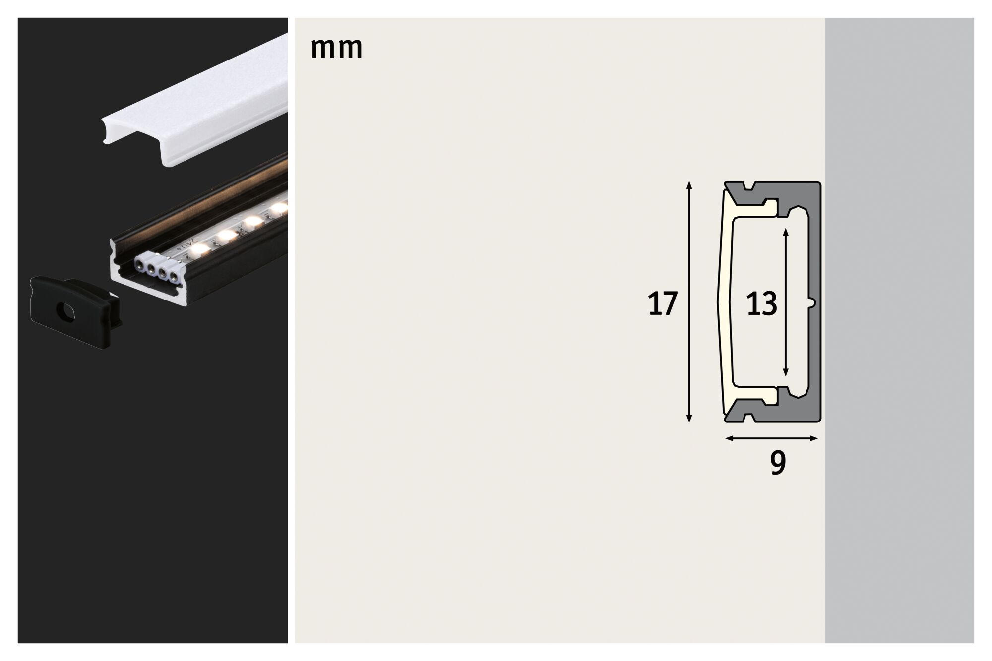 LED-Aluminiumprofil mit Abdeckung, Endkappe und technischen Maßangaben in Millimetern.