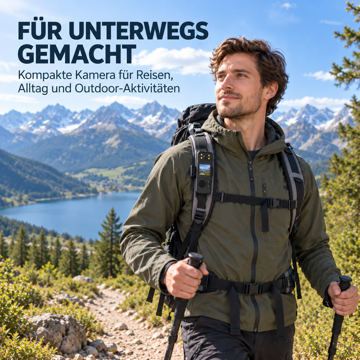 Wanderer mit Rucksack und Trekkingstöcken vor einer alpinen Bergkulisse mit See.