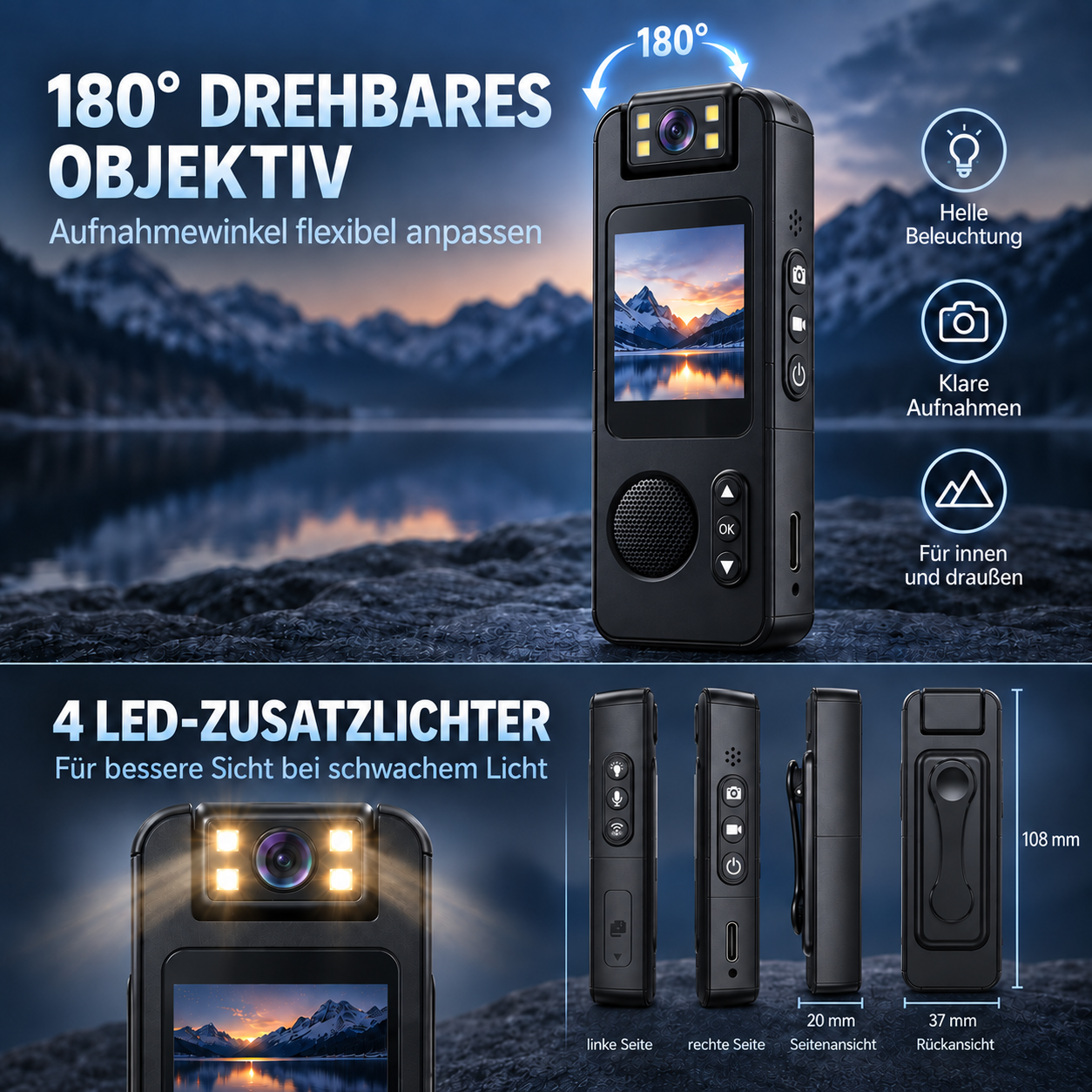 Schwarze Mini-Kamera mit 180° drehbarem Objektiv, LED-Beleuchtung und verschiedenen Ansichten.