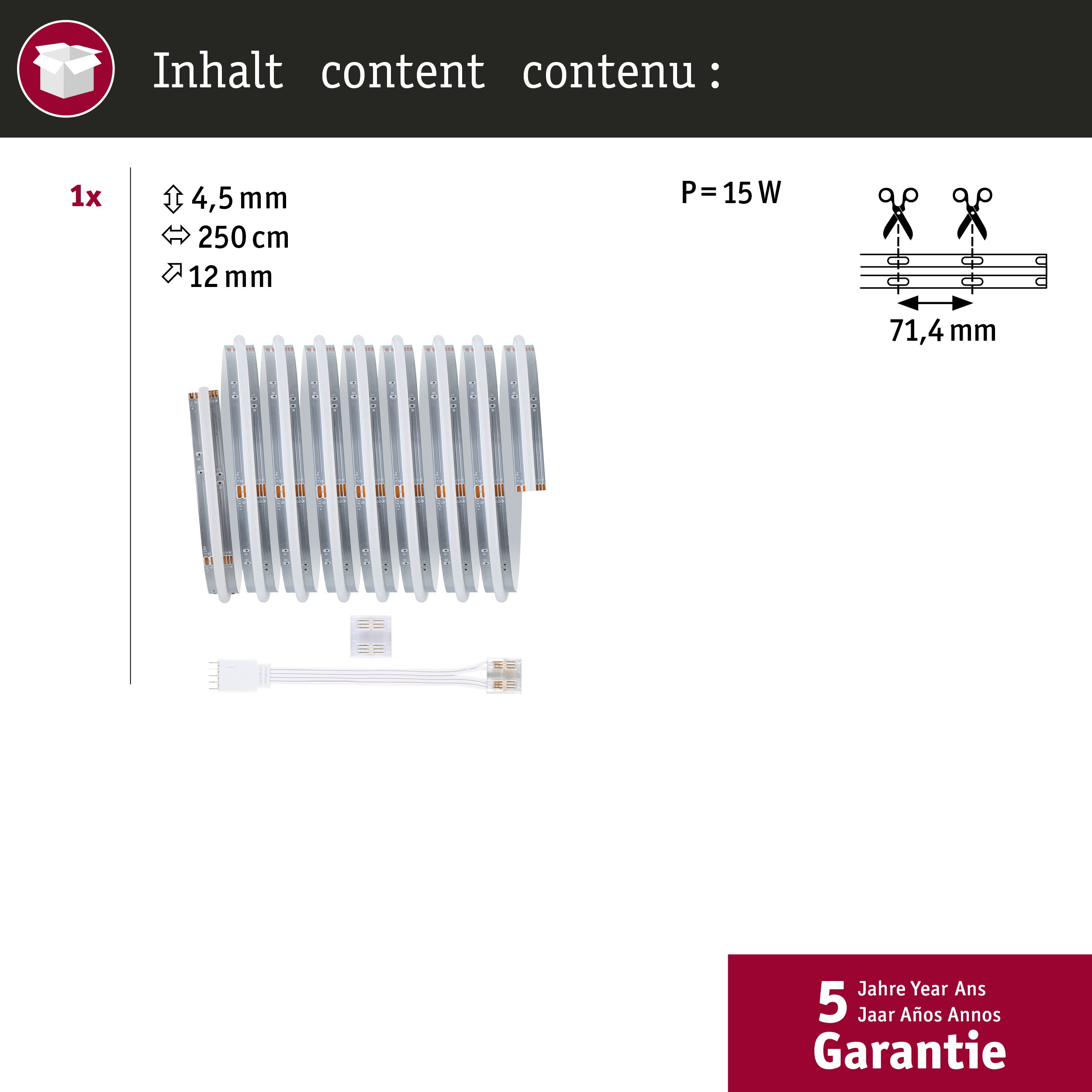 Technische Daten und Maße einer 250 cm LED-Leiste mit 15W Leistung und 5 Jahren Garantie.