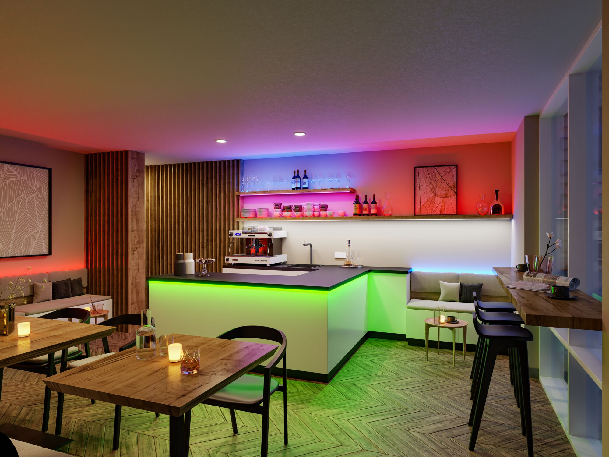 Moderne Bar mit beleuchteter Theke, Holztischen, Sitzgelegenheiten und bunten LED-Lichtern an der Wand.