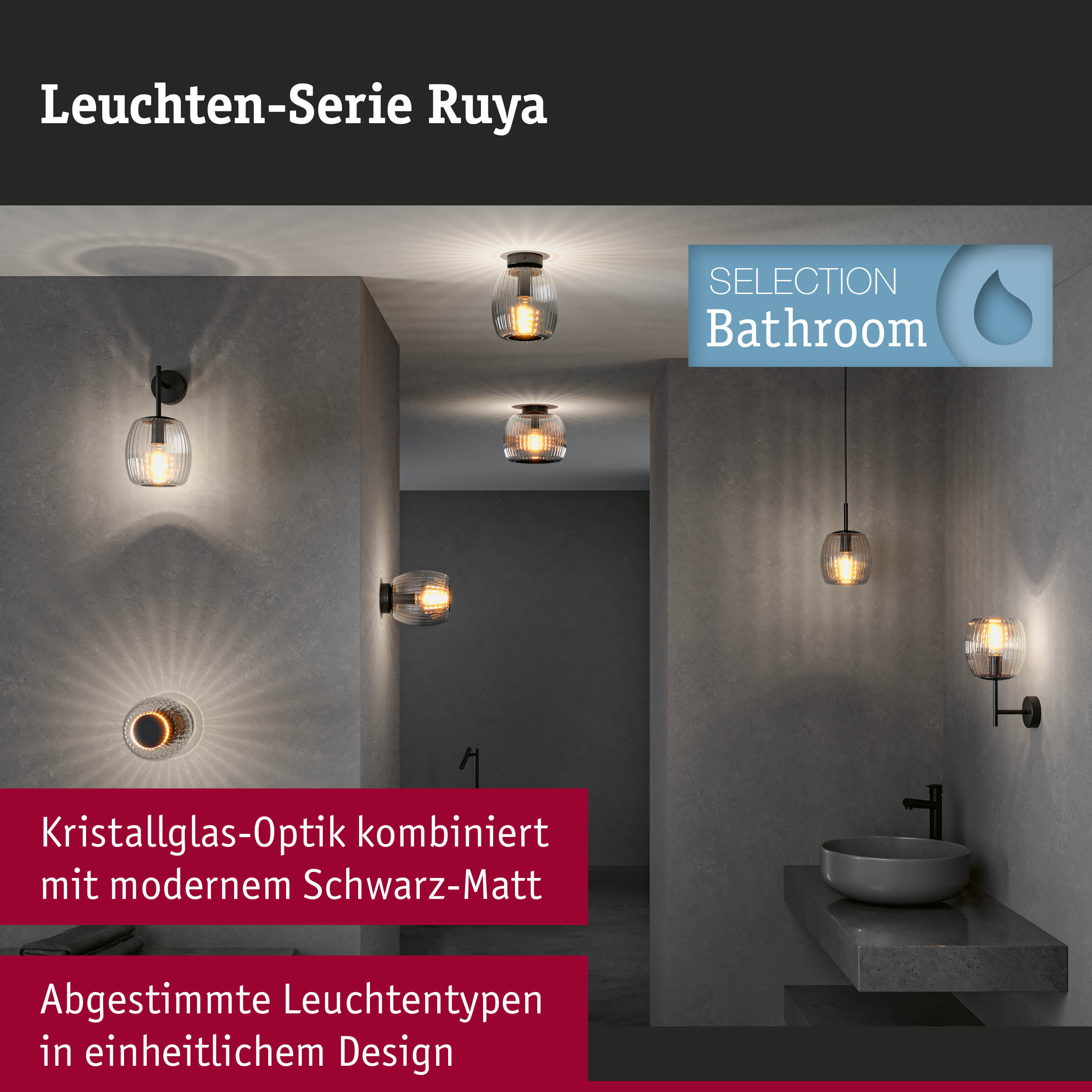Moderne Ruya Leuchten-Serie mit Kristallglas und mattschwarzen Elementen in einem grauen Raum.