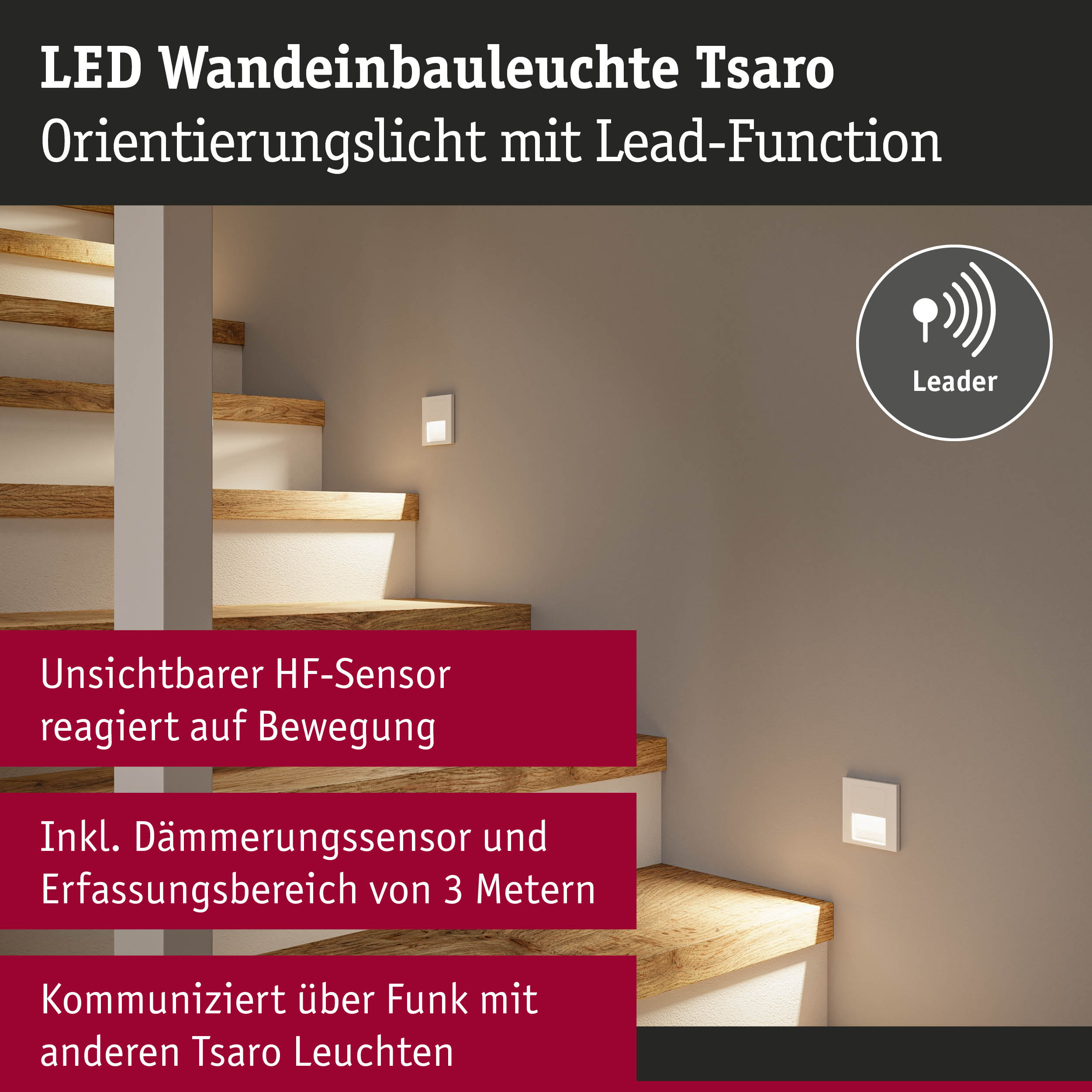 LED-Wandeinbauleuchte Tsaro an einer Treppe mit Bewegungssensor.