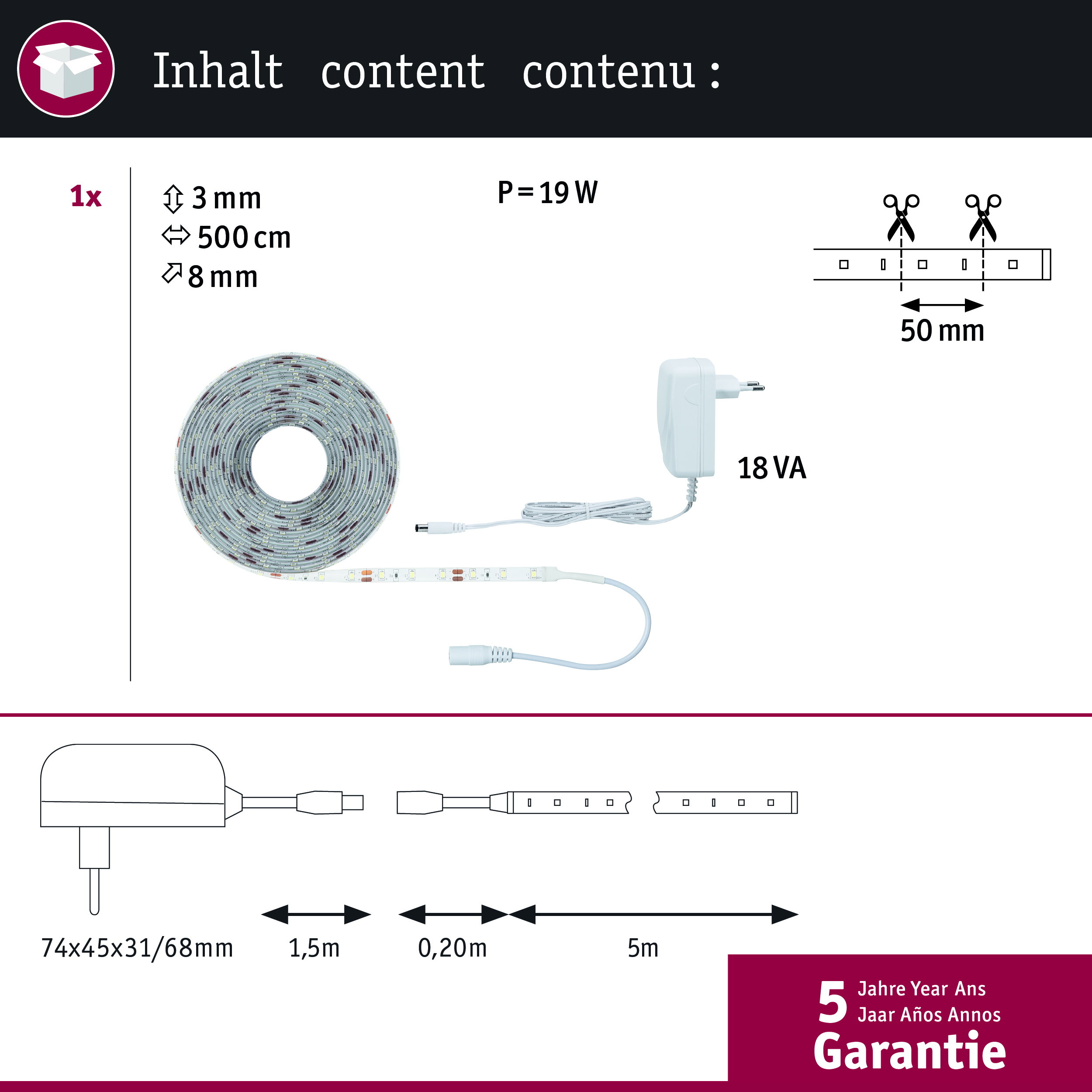LED-Streifen Set mit 500 cm Länge, 19W, 18VA Netzteil und Maßangaben.