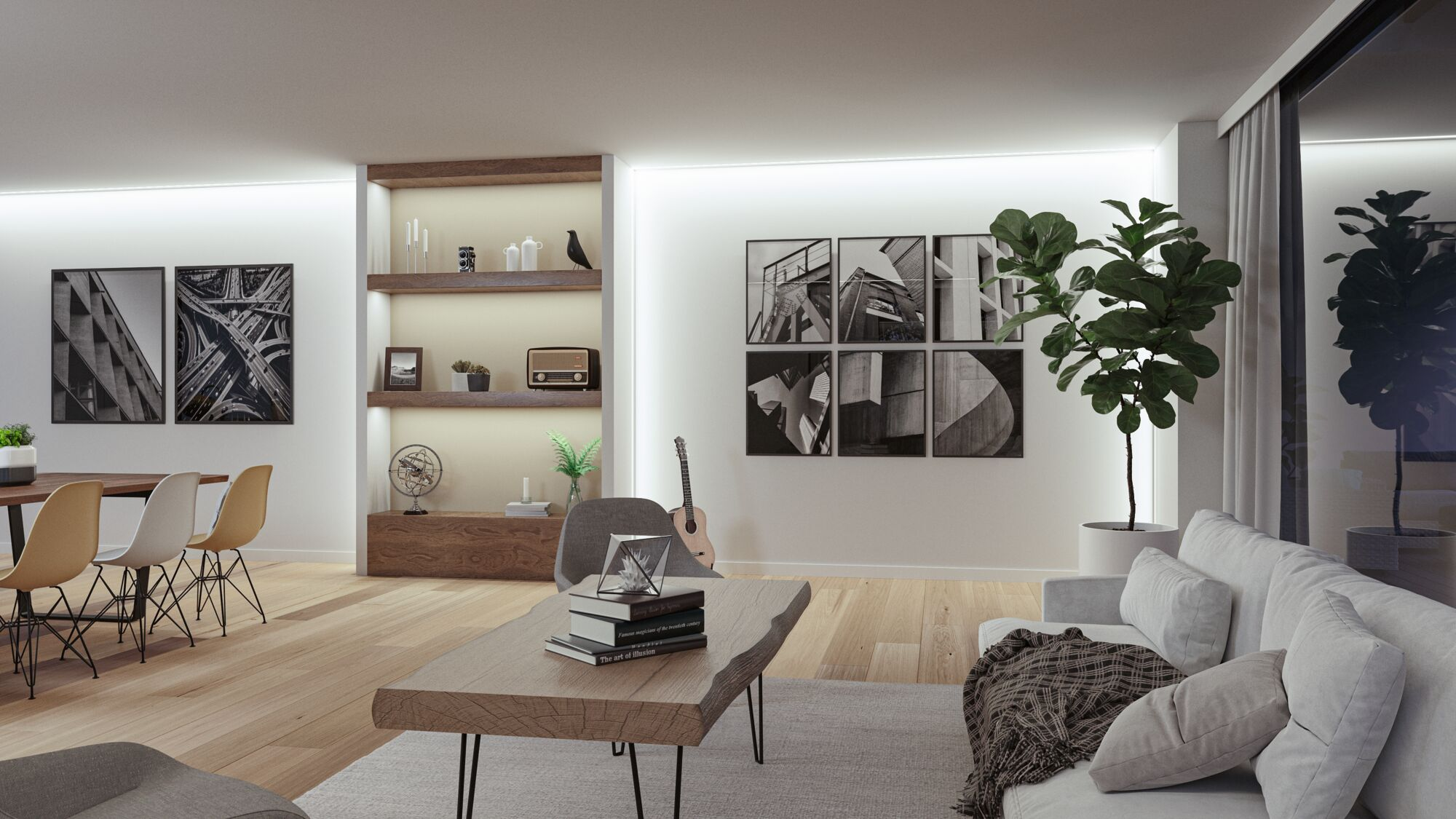 Ein modernes Wohnzimmer mit weißem Sofa, Holz-Couchtisch, Wandregalen und Schwarz-Weiß-Kunstdrucken.