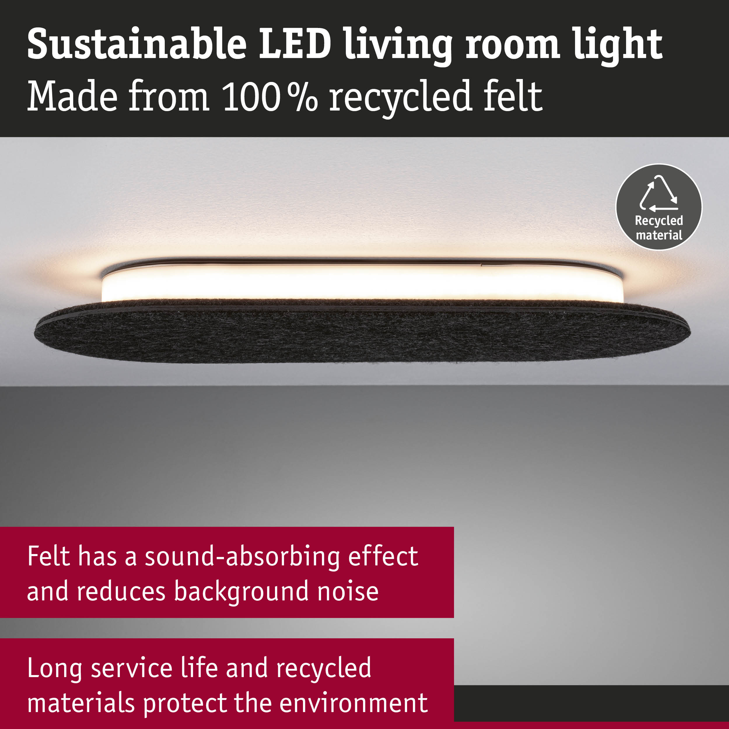 Nachhaltige LED-Deckenleuchte aus recyceltem Filz mit schallabsorbierender Wirkung an einer weißen Decke.