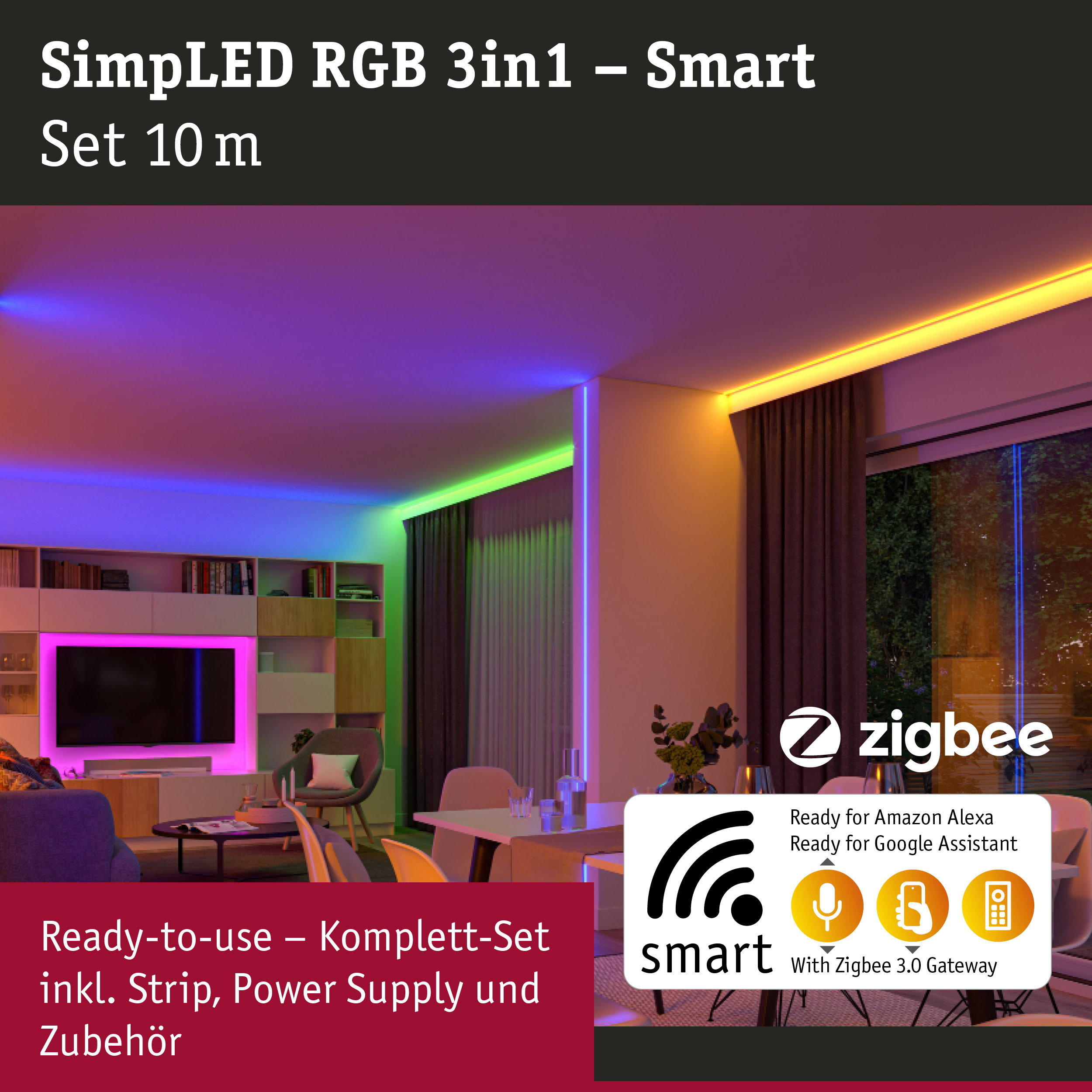 Wohnzimmer mit bunten LED-Streifen an Decke und Wand, smart steuerbar.