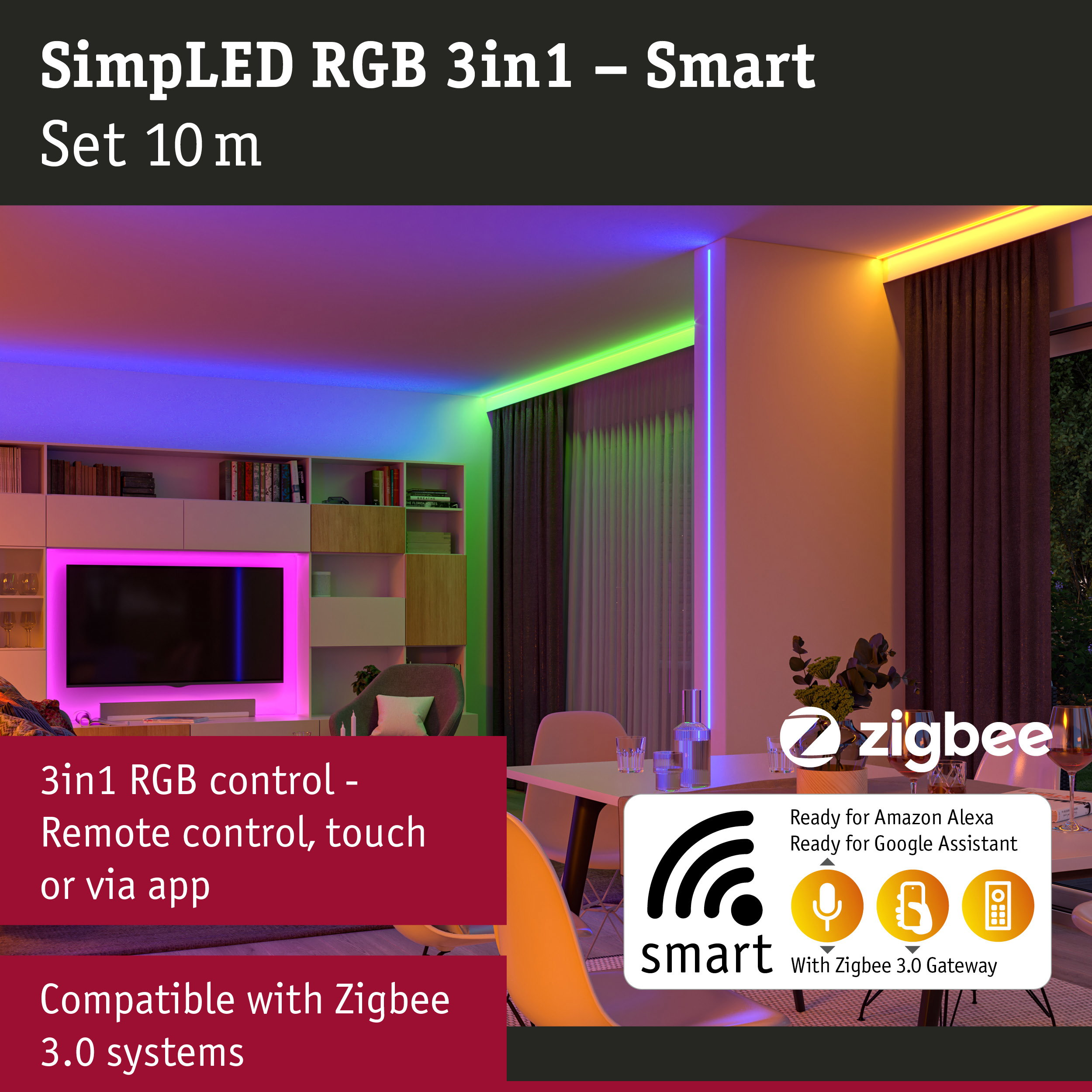 Wohnzimmer mit bunten LED-Streifen beleuchtet, smart steuerbar und Zigbee-kompatibel.