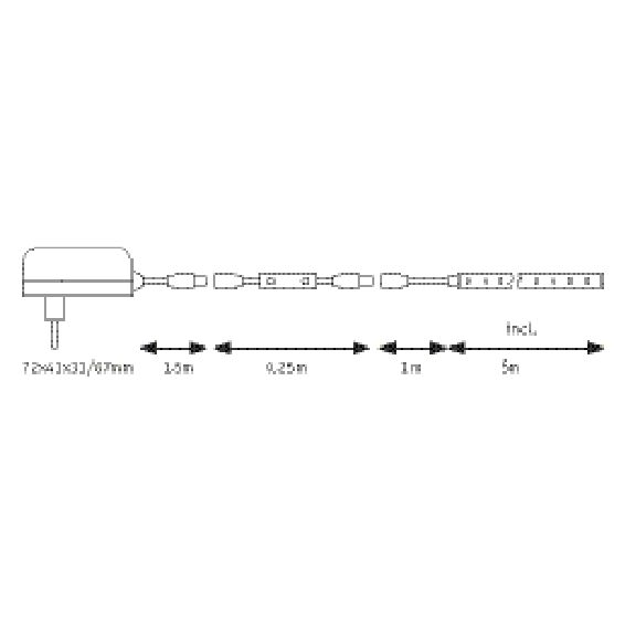 Schwarz-Weiß-technisches Diagramm eines LED-Streifen-Sets mit Netzteil und Maßpfeilen.
