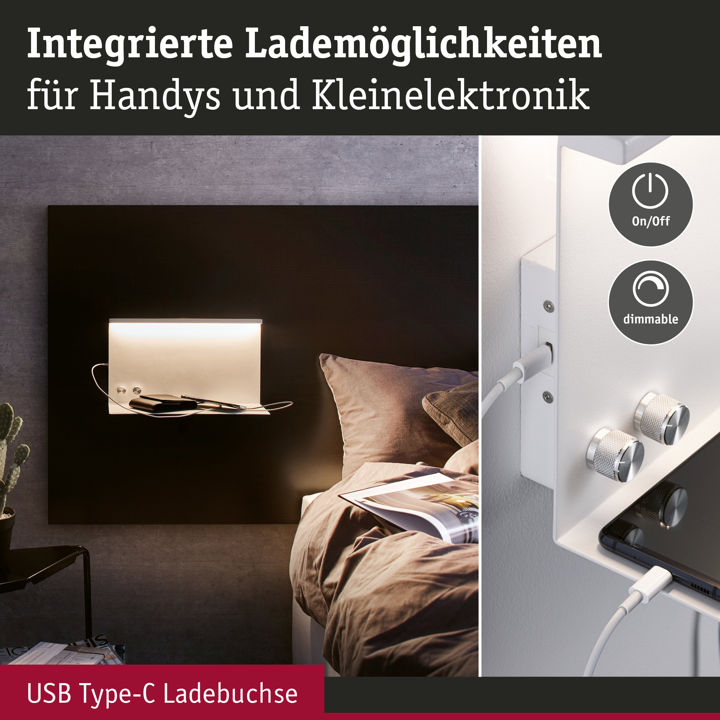 Nachtischlampe mit integrierten USB-C-Anschlüssen, dimmbaren Lichtern und zwei Knöpfen am Bett.