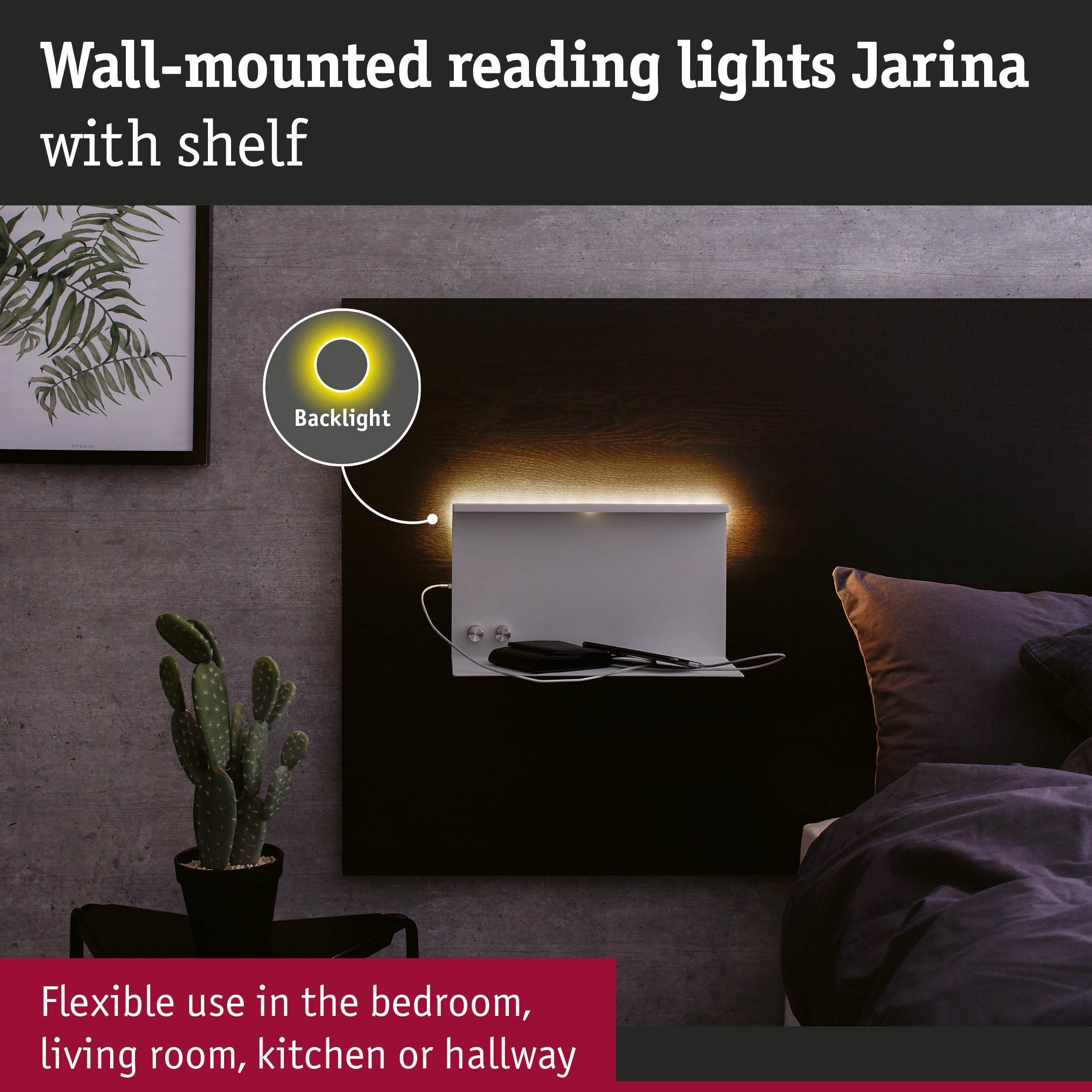 Wandmontierte Leseleuchte Jarina mit Ablage in einem modern eingerichteten Schlafzimmer.
