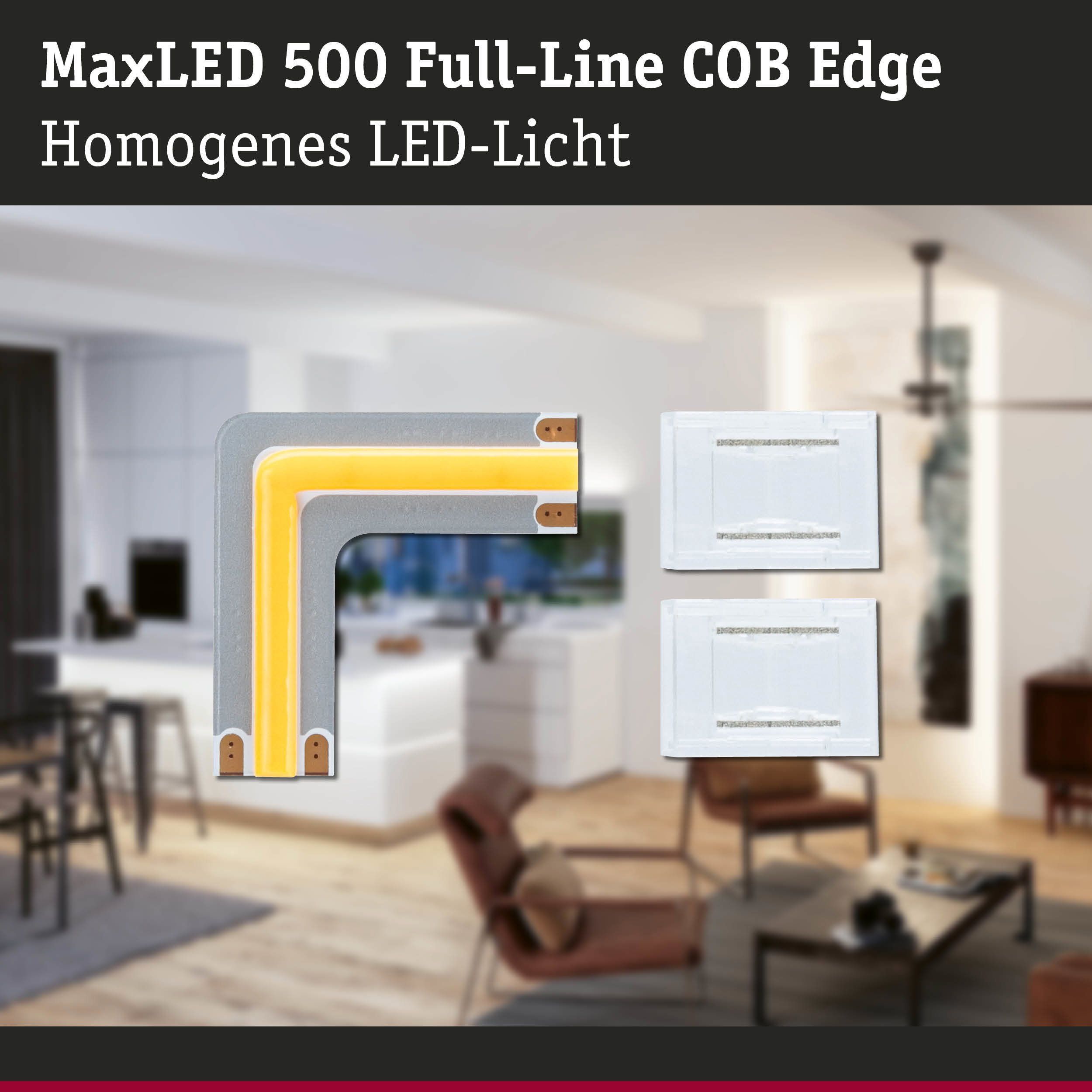 MaxLED 500 COB Edge LED-Eckverbinder und zwei weiße Clips vor verschwommenem Wohnzimmer.