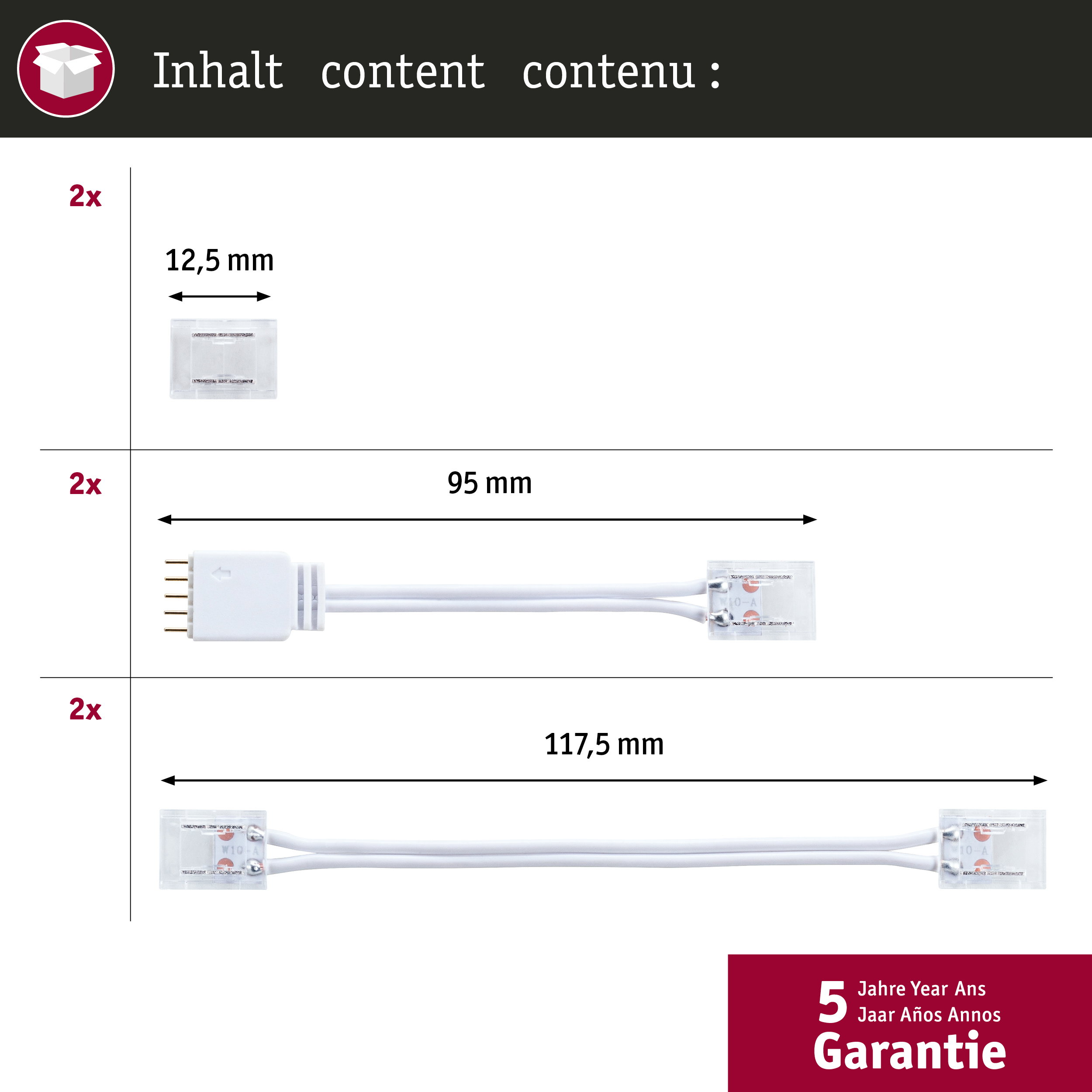 Diagramm zeigt den Packungsinhalt mit zwei Steckverbindern und Kabeln sowie Maßen und 5 Jahren Garantie.