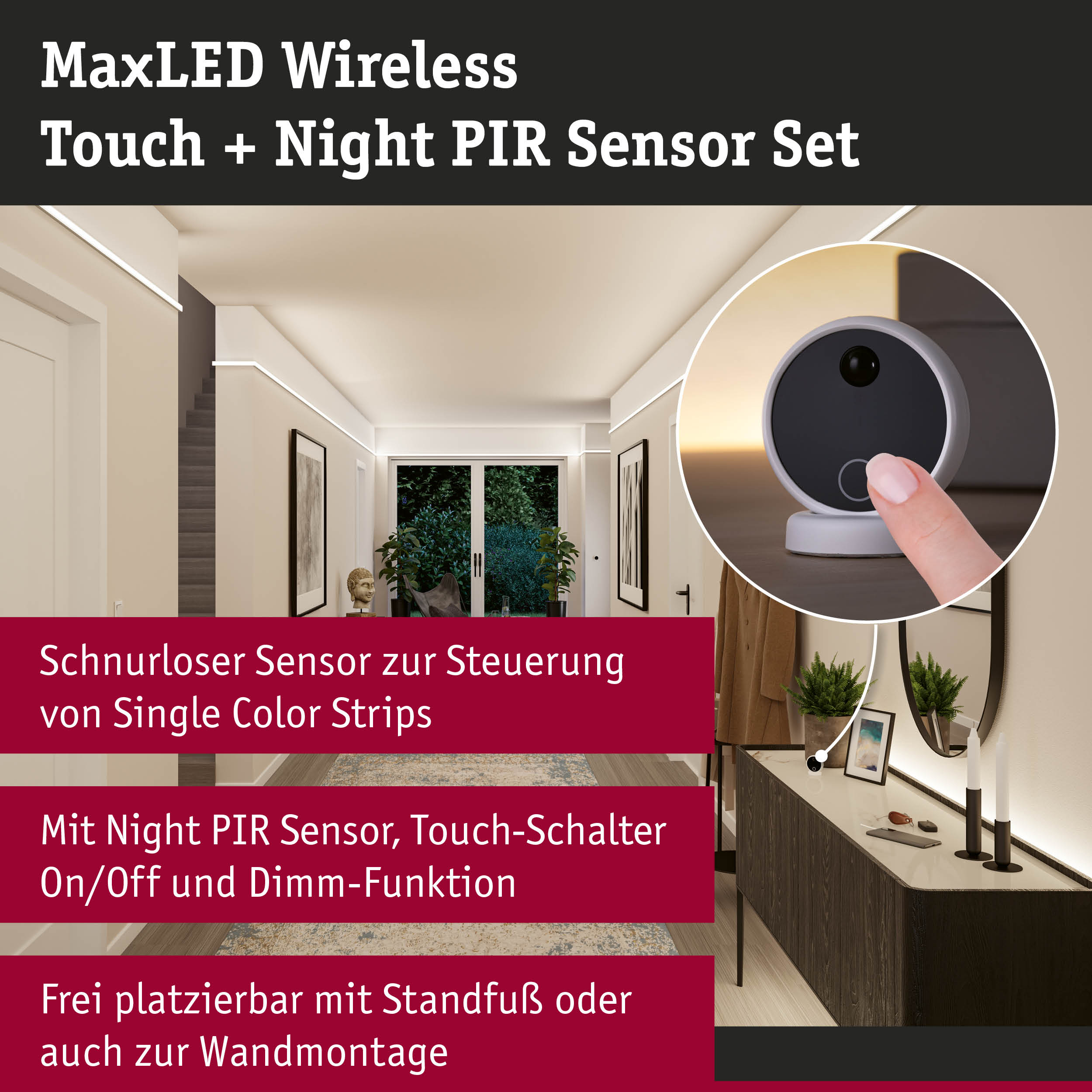 MaxLED Wireless Touch und Night PIR Sensor Set im Flur mit Touch-Bedienung.