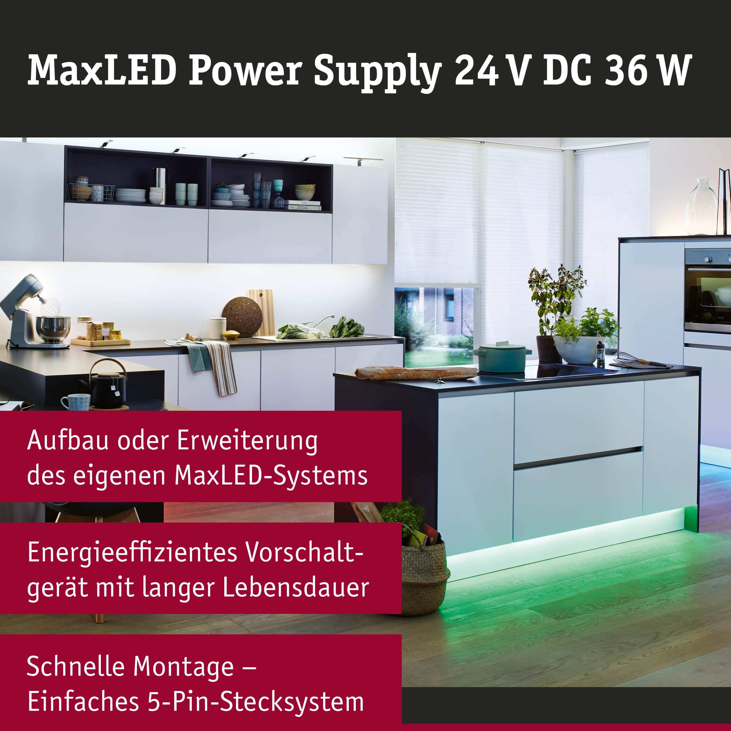 Moderne Küche mit MaxLED-Beleuchtung an Schränken und Kücheninsel.