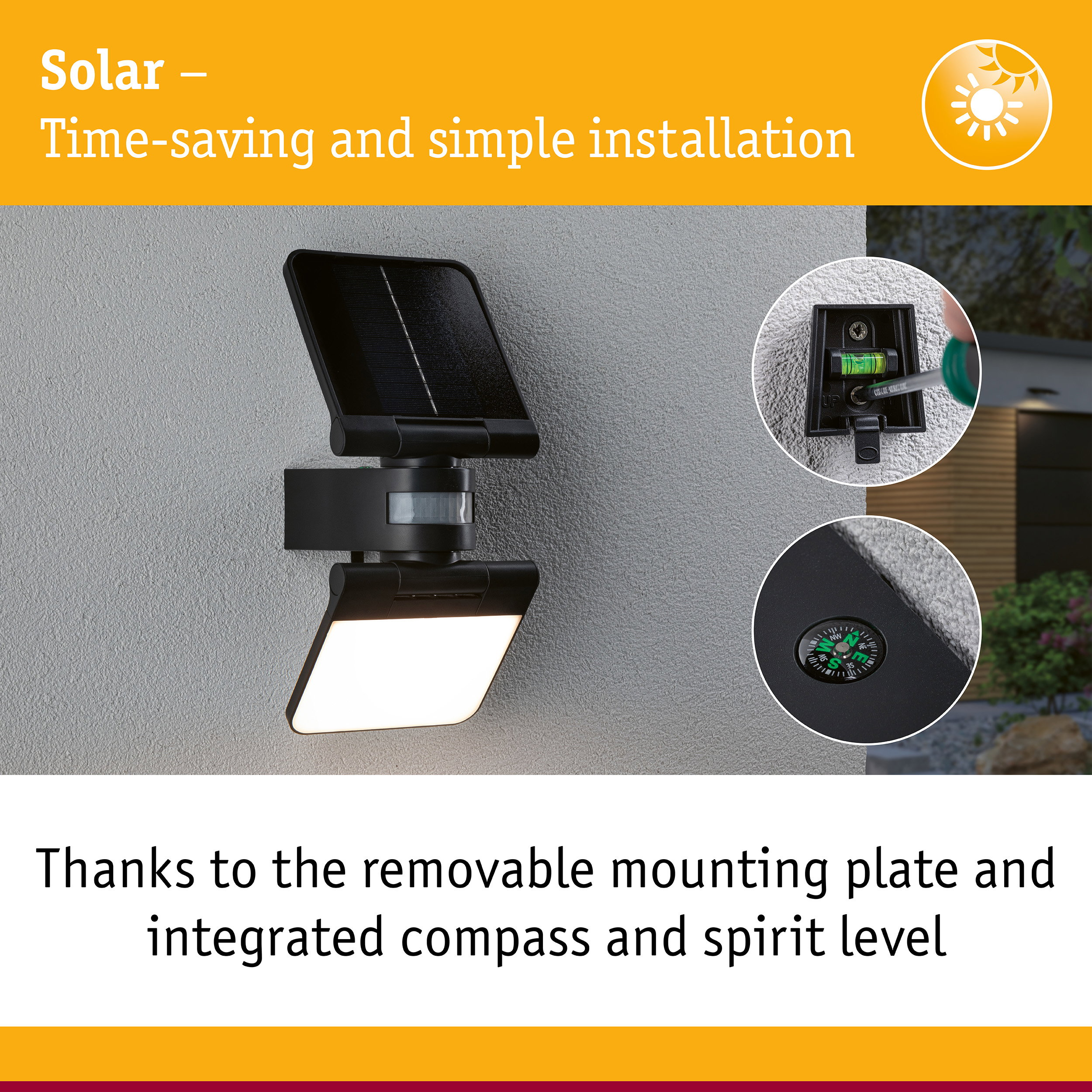 Solar-Wandleuchte an grauer Wand mit integrierter Wasserwaage und Kompass für einfache Installation.
