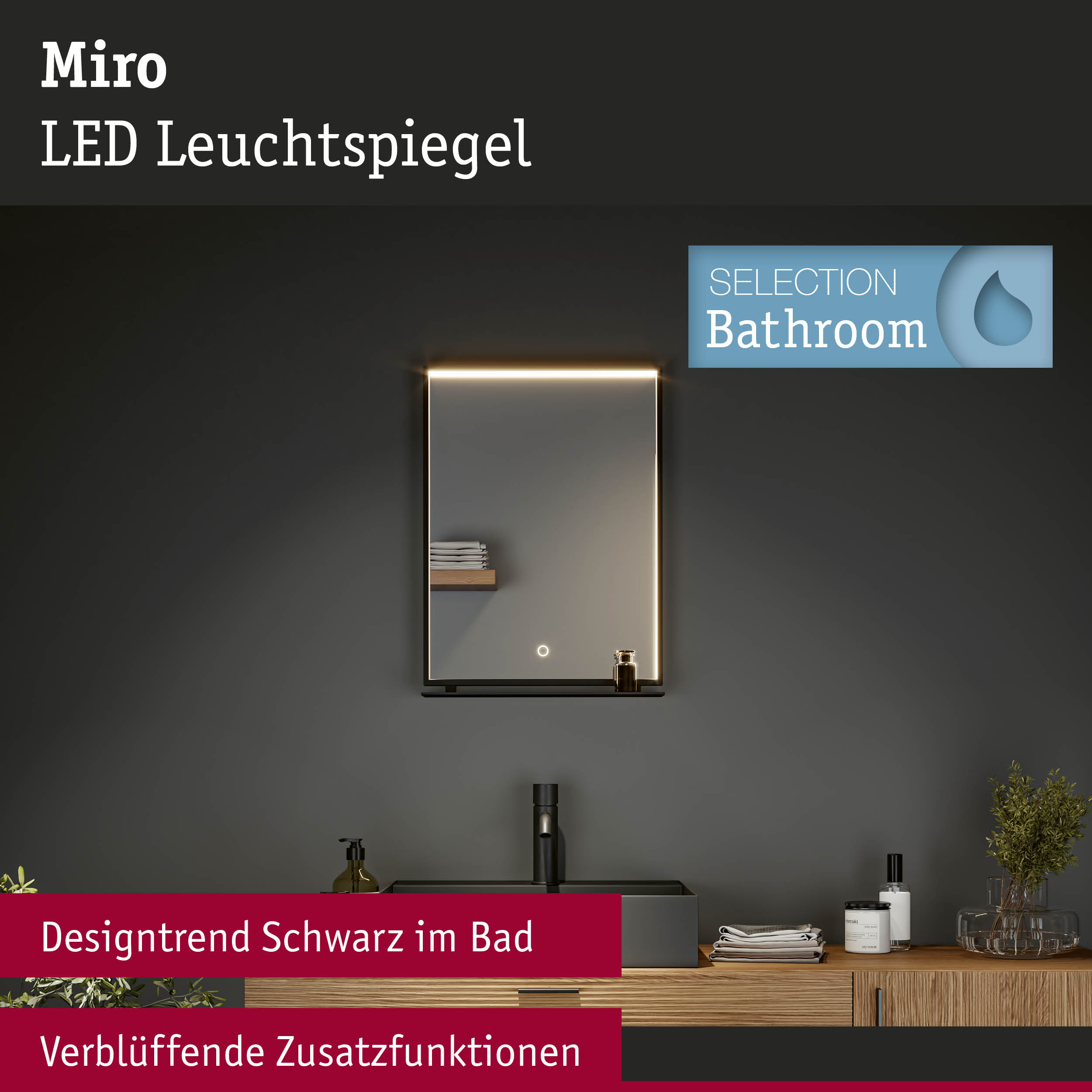 Beleuchteter LED-Spiegel mit schwarzem Rahmen über einem modernen Waschbecken an dunkler Wand.