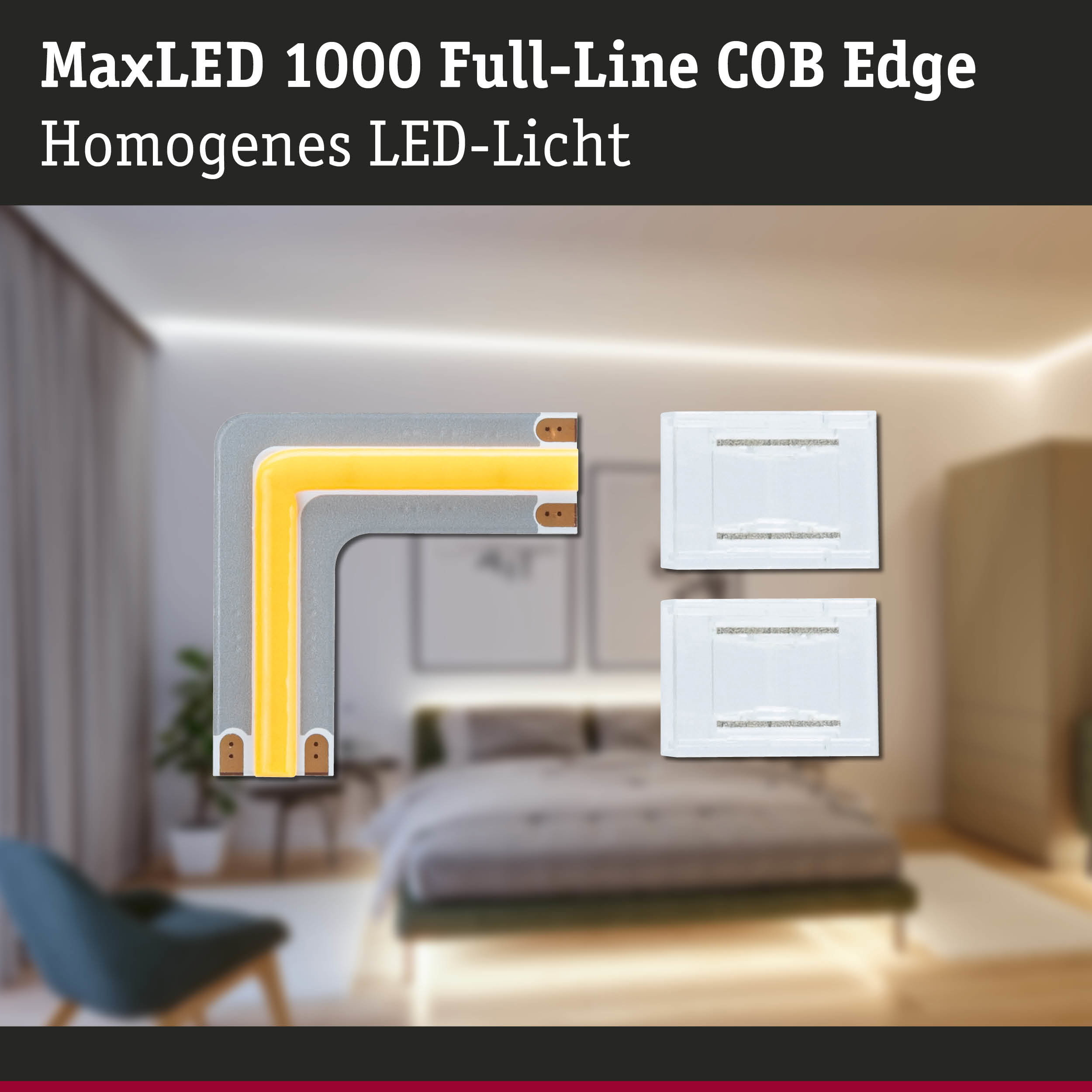 LED-Streifen-Eckstück und Zubehör vor einem verschwommenen Schlafzimmer.