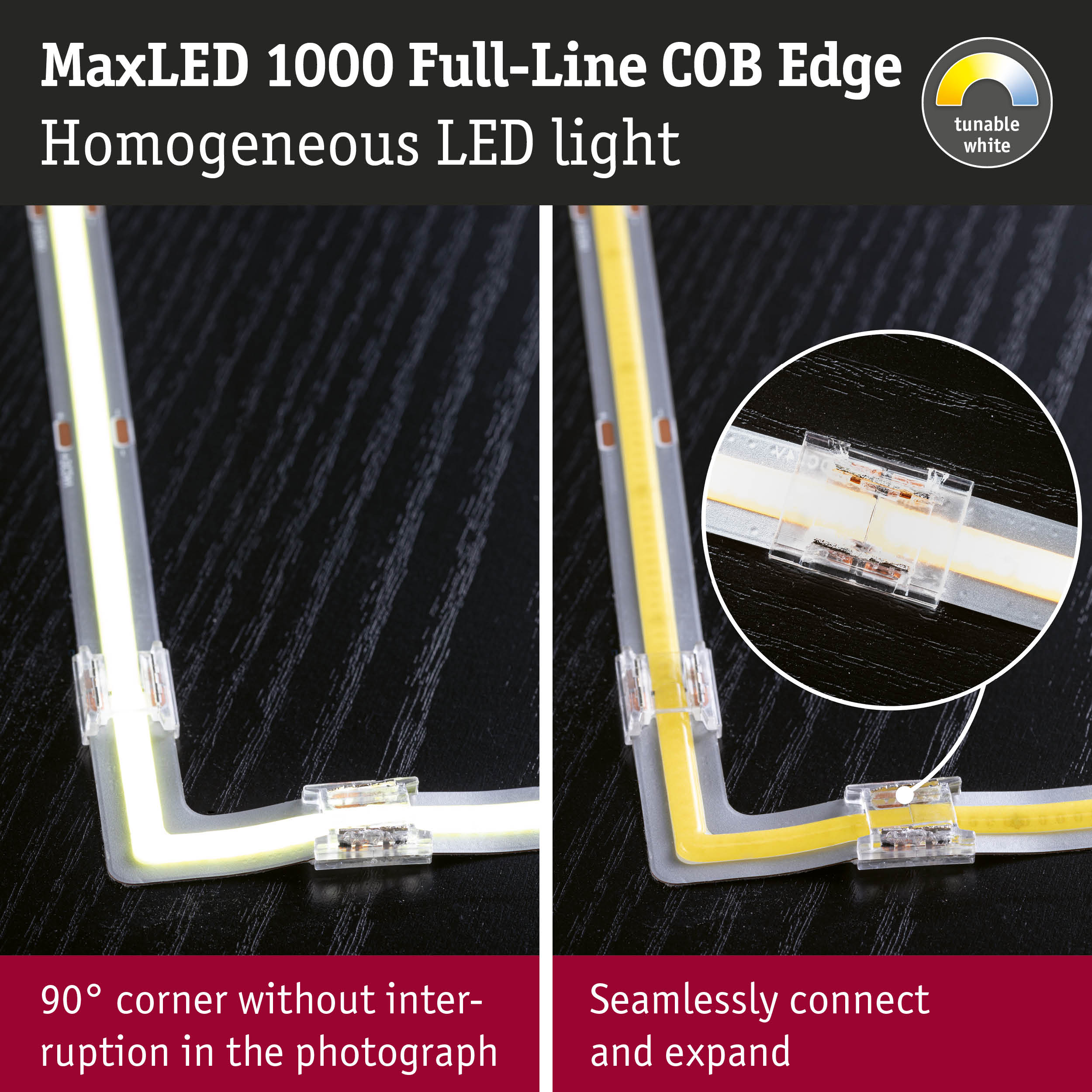 MaxLED 1000 COB Edge LED-Streifen zeigen 90-Grad-Ecke und nahtlose Verbindung.