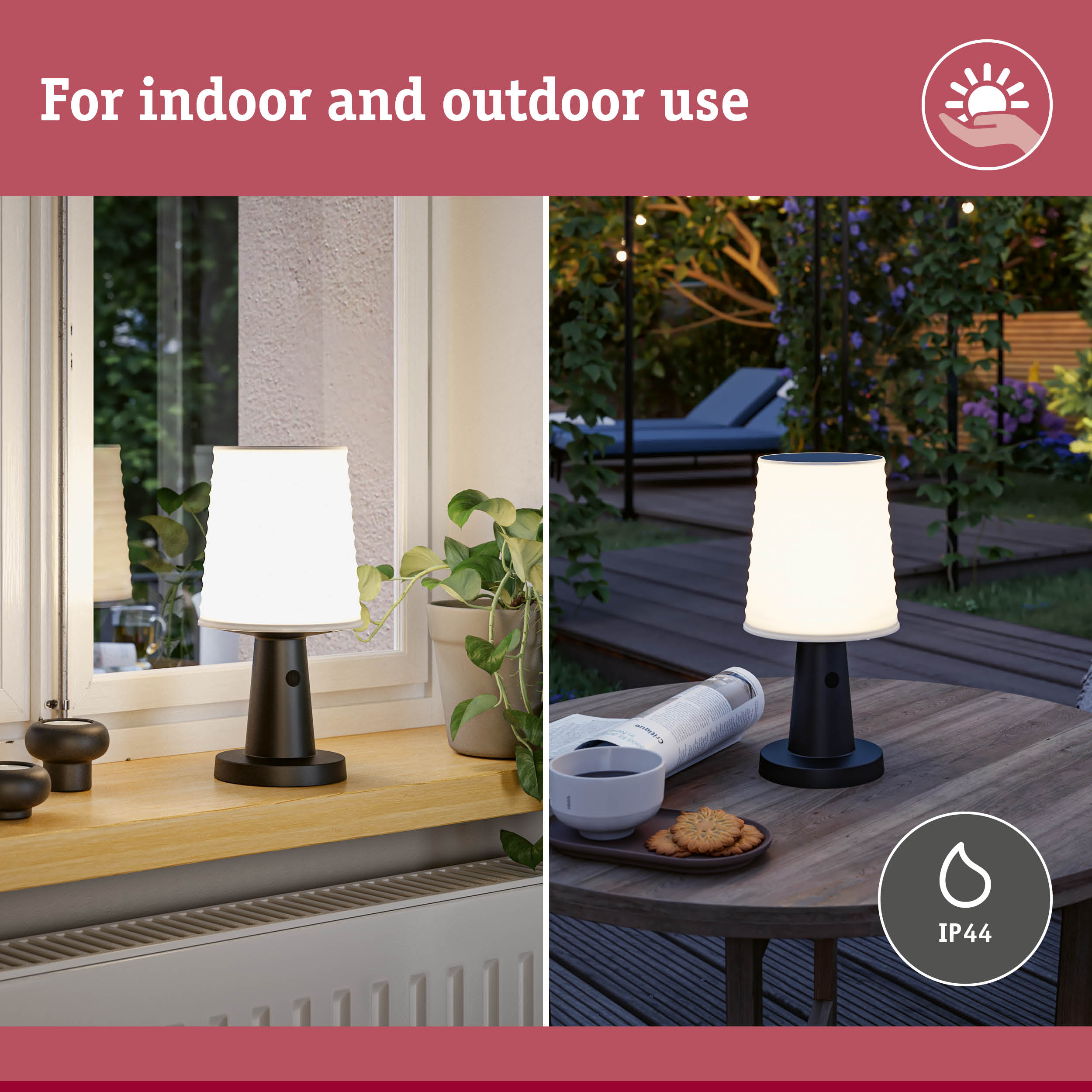 Eine tragbare Lampe, die auf einer Fensterbank und auf einem Gartentisch für Innen- und Außenbereich genutzt wird.