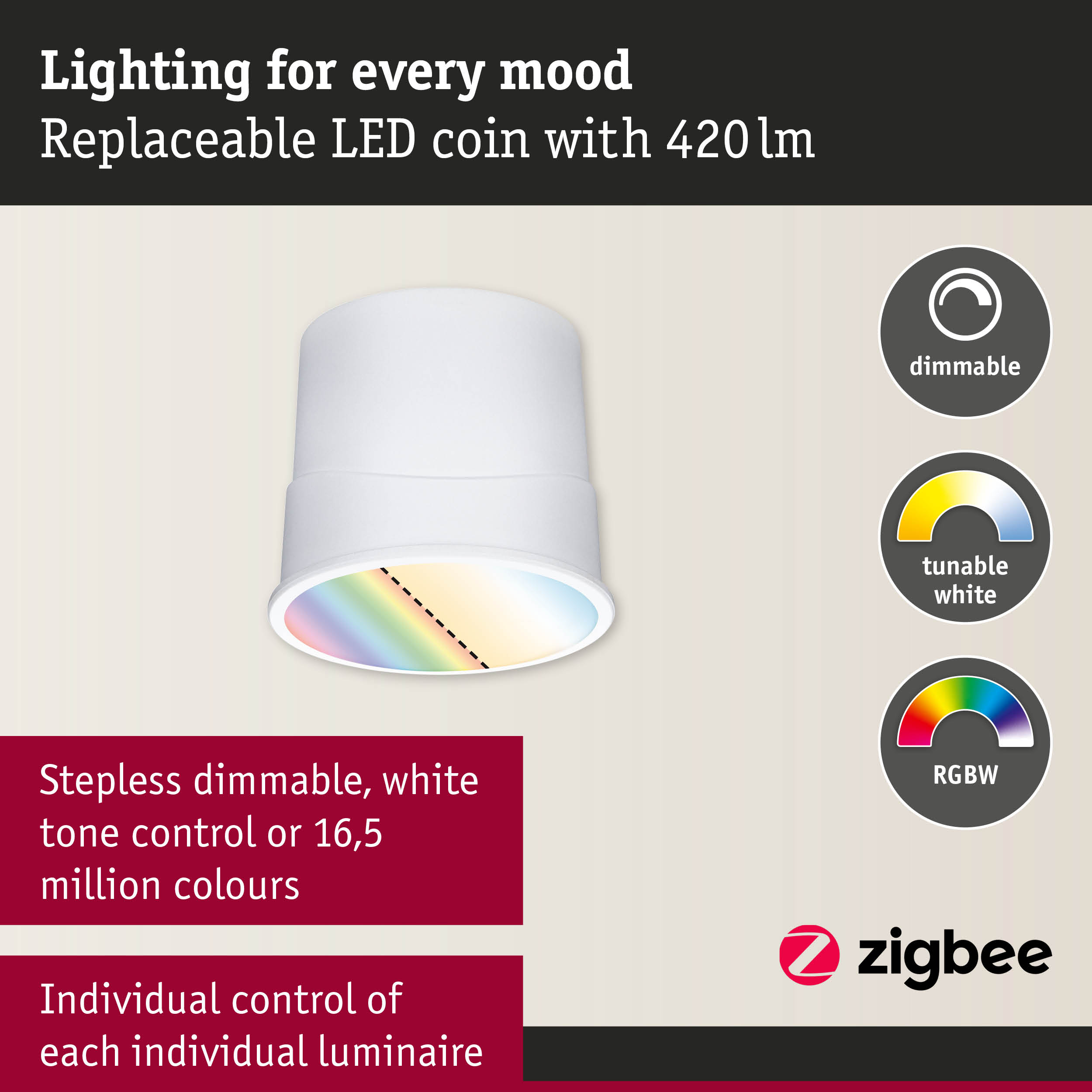 LED-Einbauleuchte mit dimmbarem Licht, veränderbarer Farbtemperatur und RGBW-Farbwahl, kompatibel mit Zigbee.
