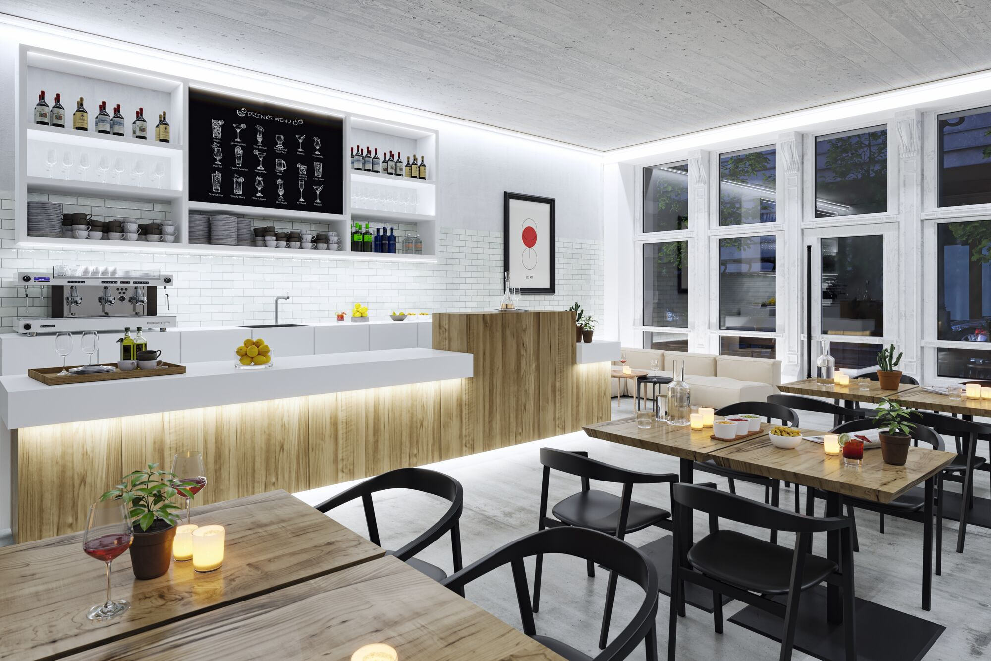 Moderne Bar mit weißer Theke, Holzakzenten, beleuchteten Regalen und Tischen mit schwarzen Stühlen.