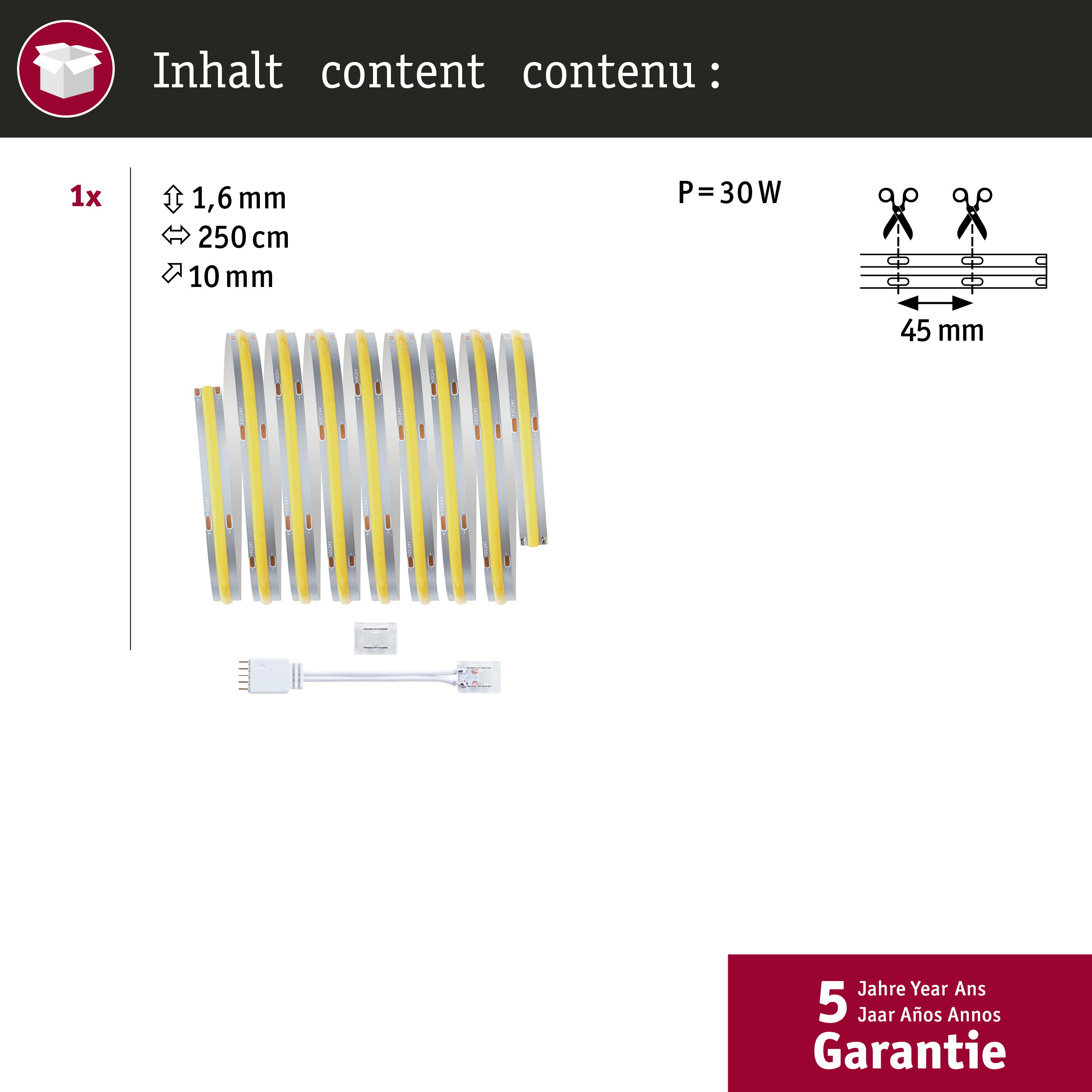 LED-Streifen Set mit Abmessungen, 30W Leistung, Anschlußkabel und 5 Jahren Garantie.