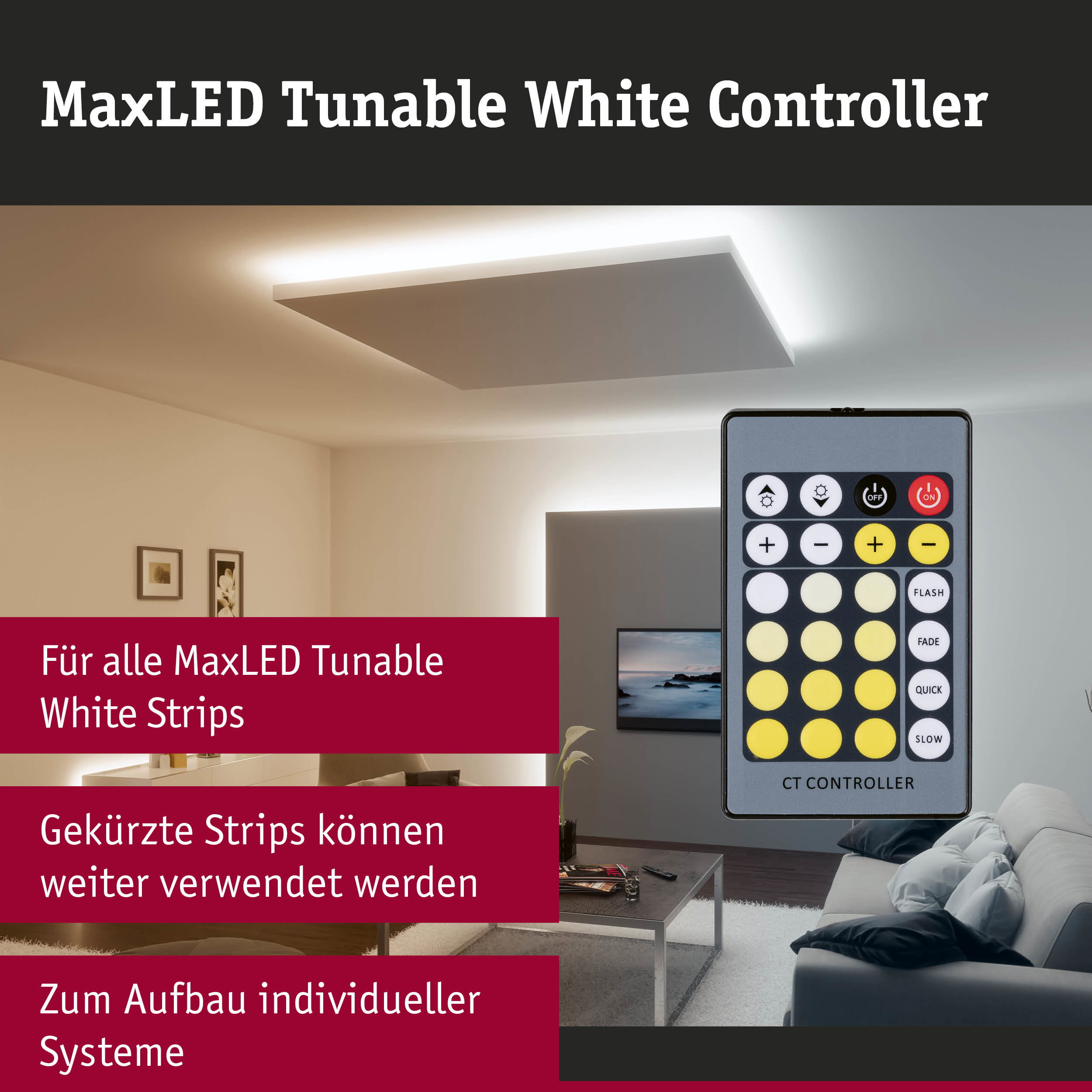 MaxLED Tunable White Controller mit Fernbedienung in modernem Wohnzimmer.