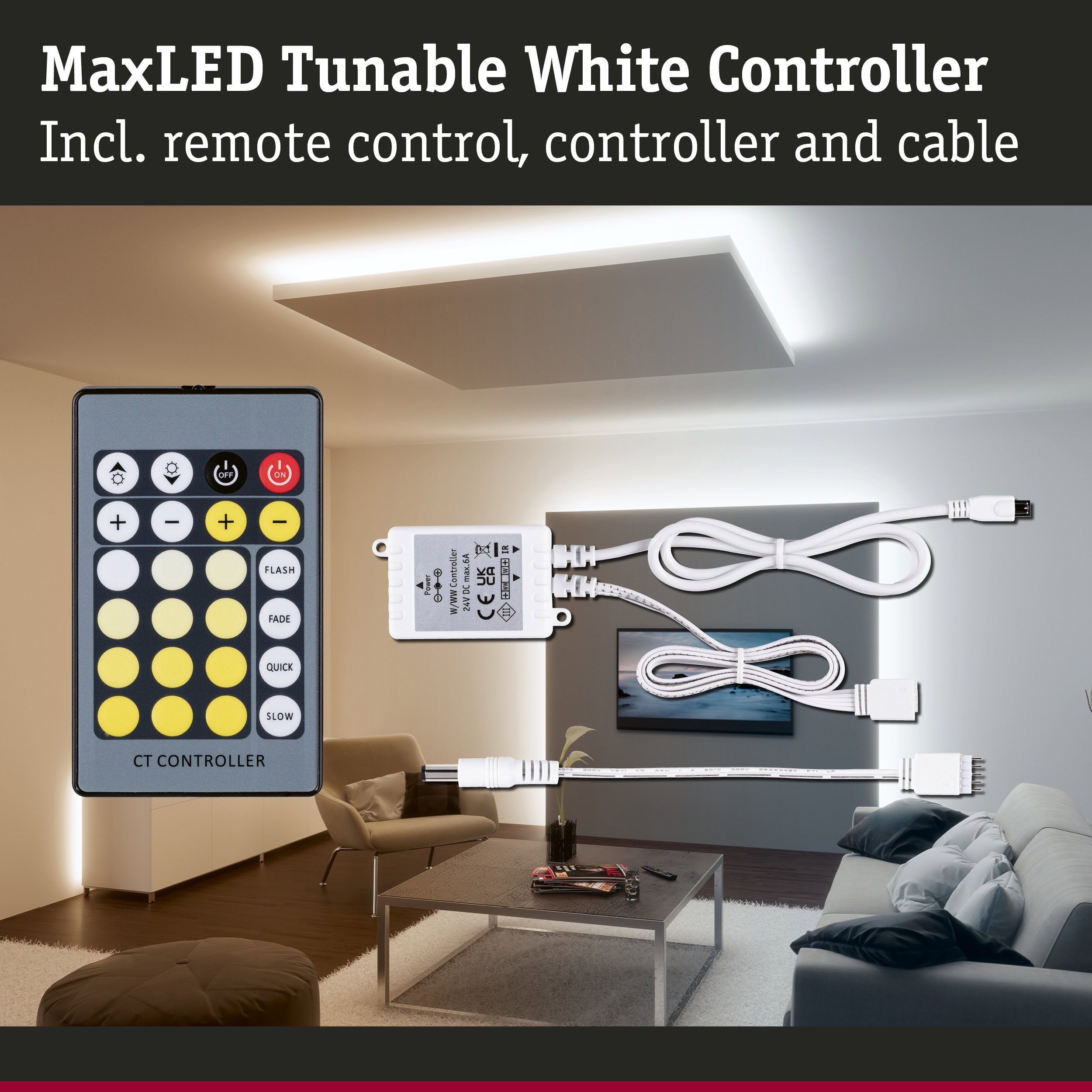 MaxLED Tunable White Controller mit Fernbedienung, Controller und Kabel in einem modernen Wohnzimmer.