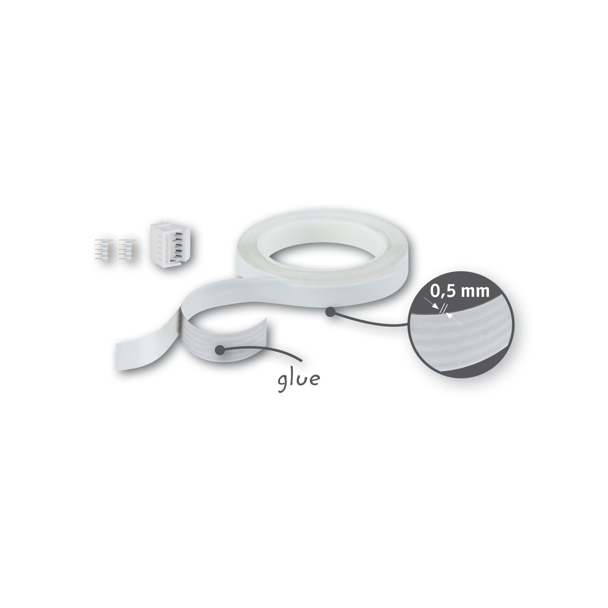 Eine Rolle doppelseitiges Klebeband, Verbinder und Pins mit Maßen und Klebehinweis.