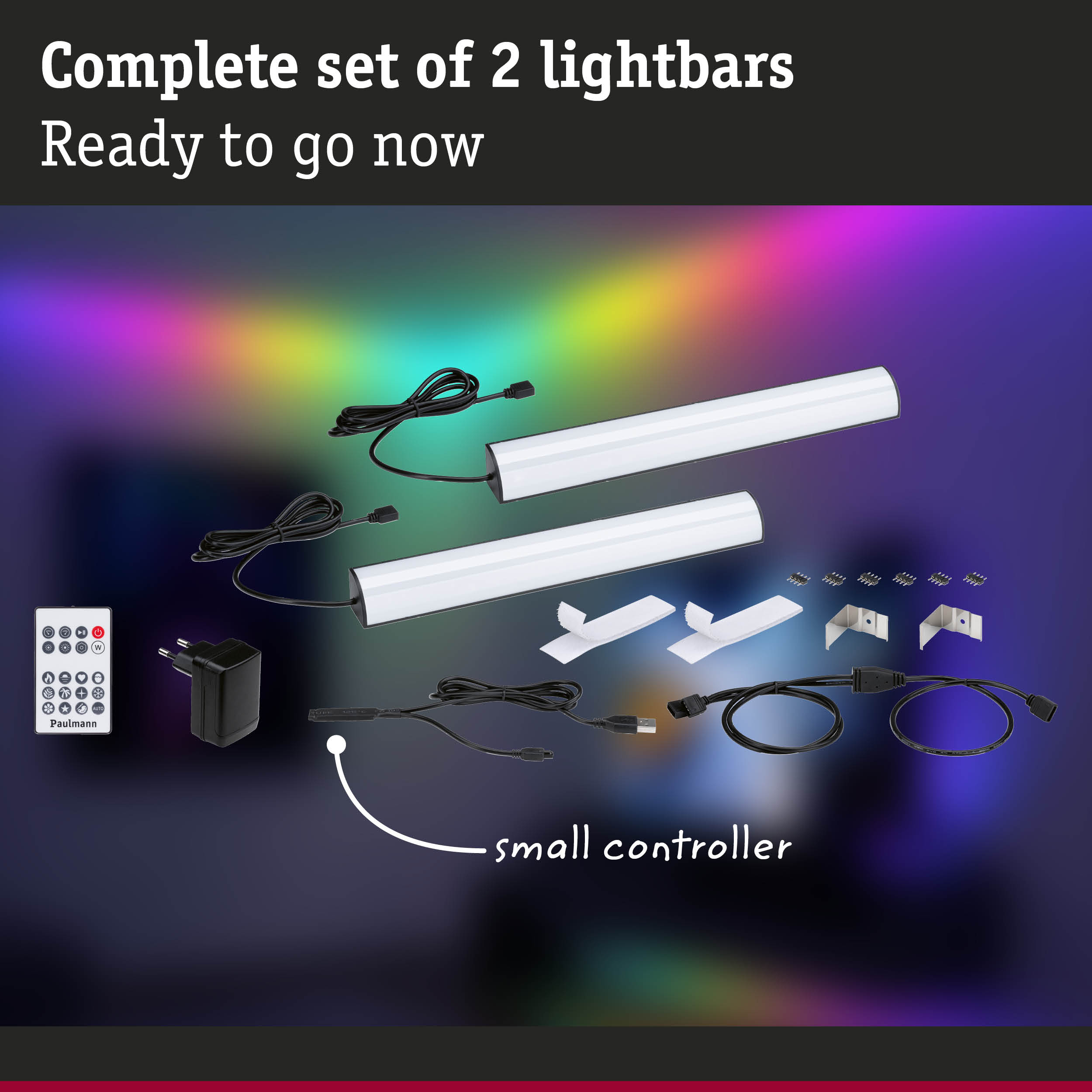 Komplettes Set mit zwei LED-Lichtleisten, Fernbedienung, Netzteil, Kabeln, Controllern und Montagezubehör.