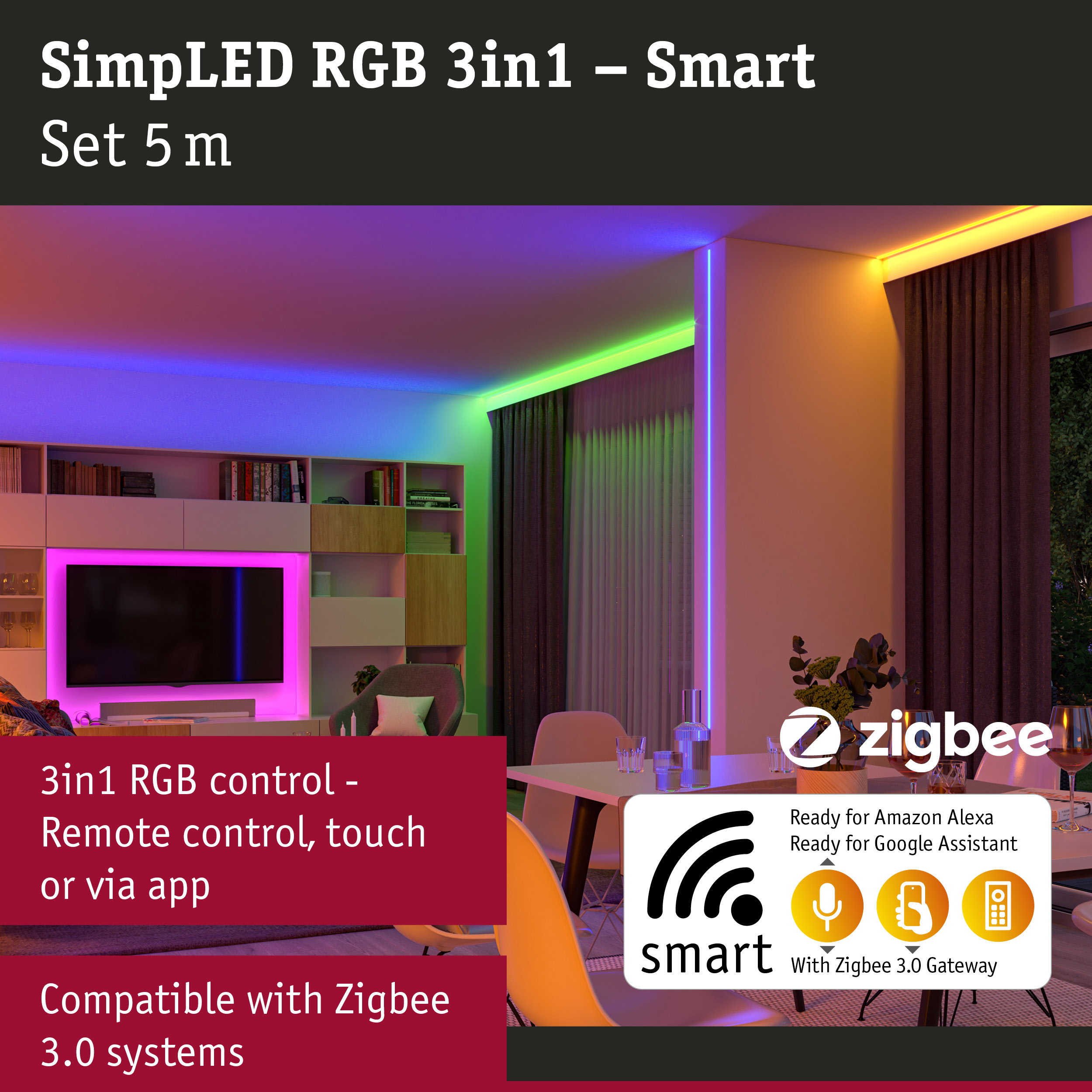 Wohnzimmer beleuchtet mit bunten Smart-LED-Streifen, mit Text- und Zigbee-Logos über dem Bild.