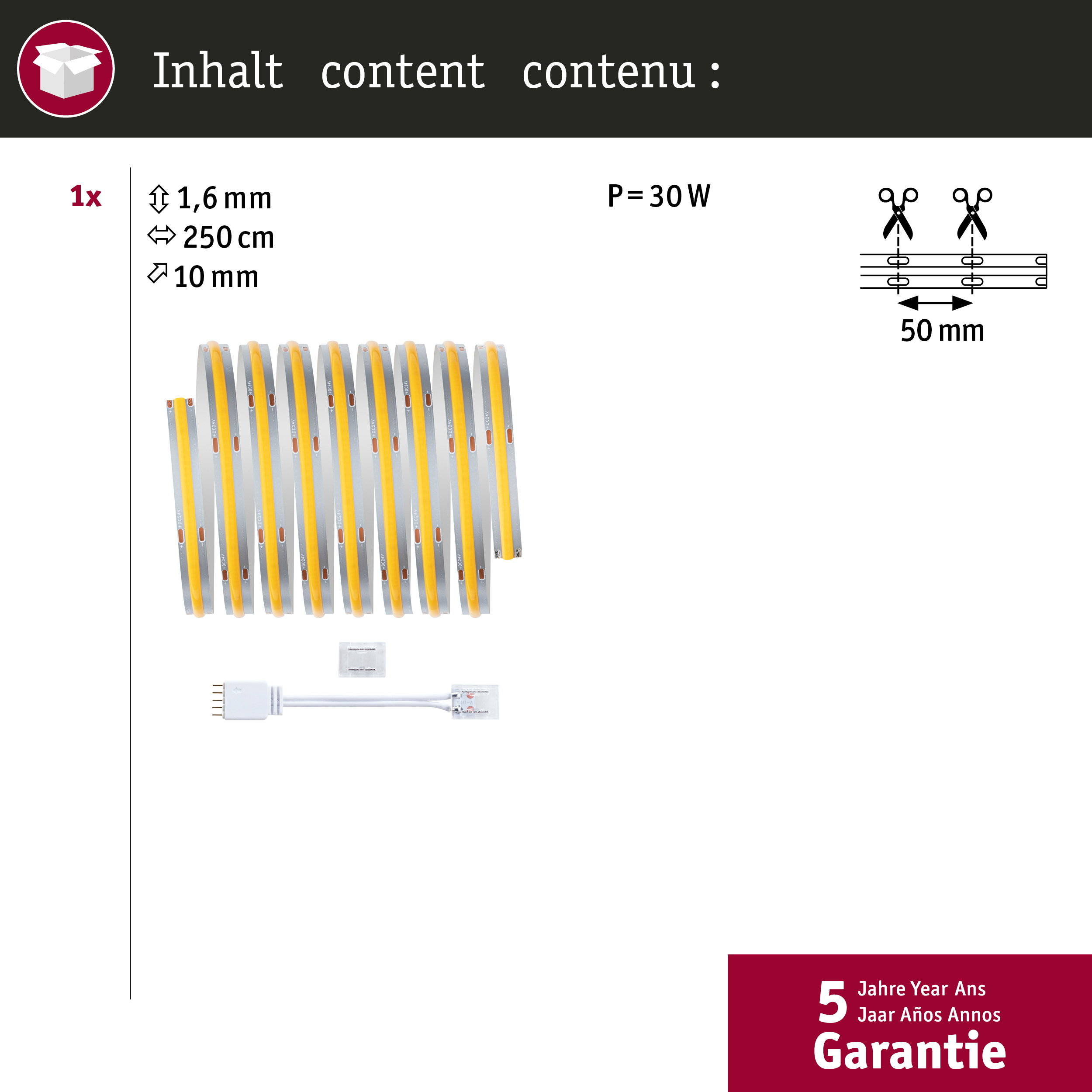 COB-LED-Streifen 250 cm mit Steckverbinder, technischen Daten und 5 Jahren Garantie.