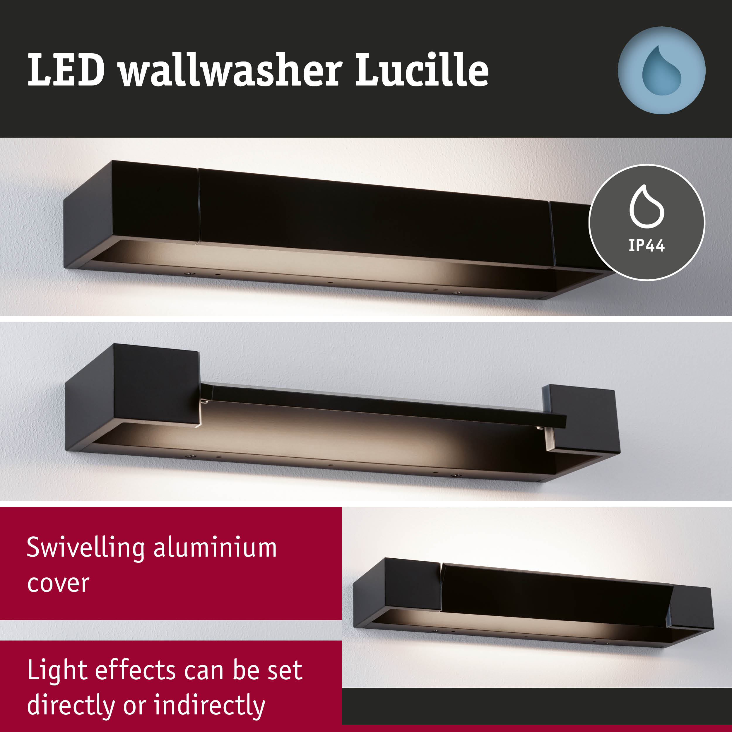Schwarze LED-Wandleuchte Lucille mit schwenkbarer Aluminiumabdeckung und direkter oder indirekter Beleuchtung.
