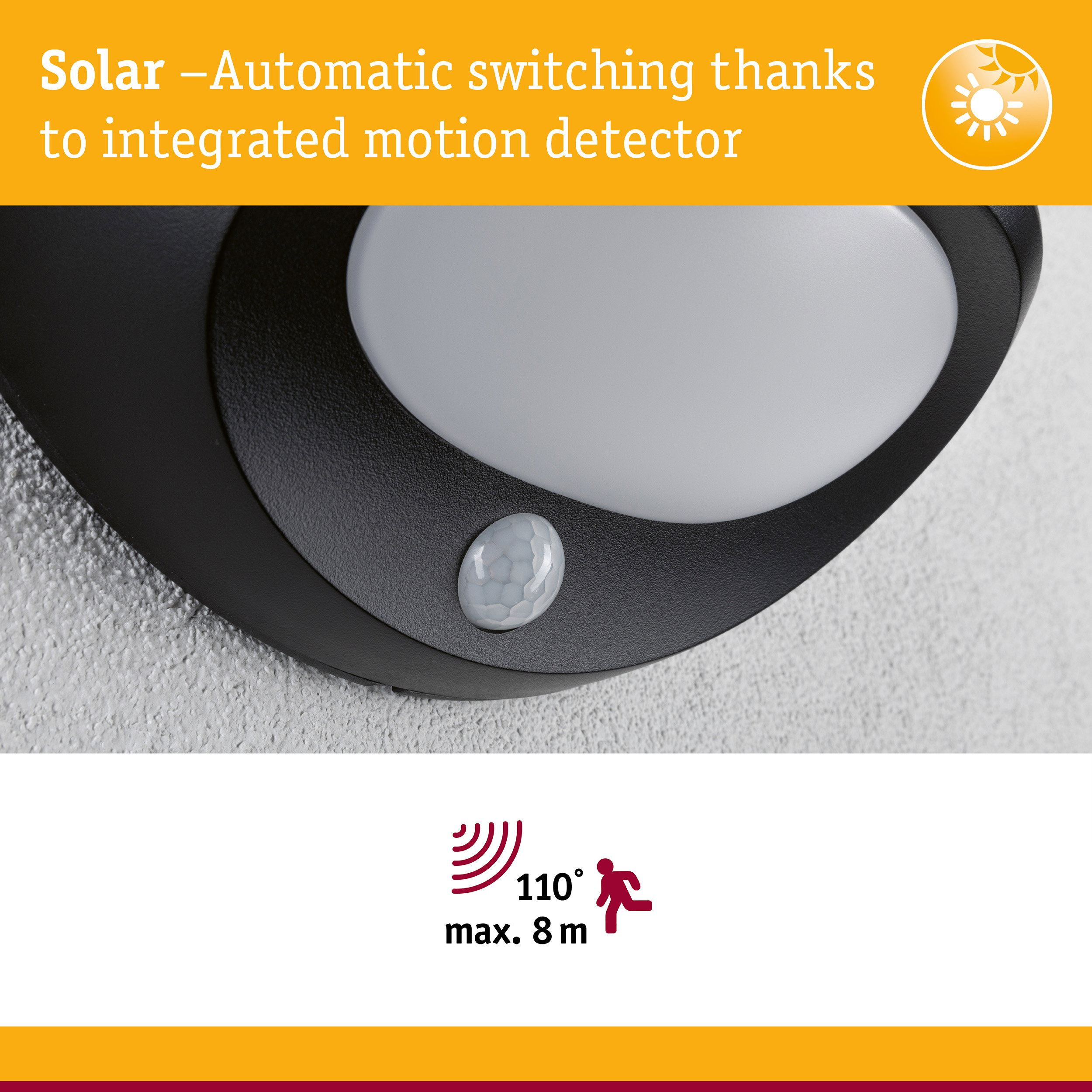 Solar-Wandleuchte mit integriertem Bewegungsmelder und weißer Kuppel.
