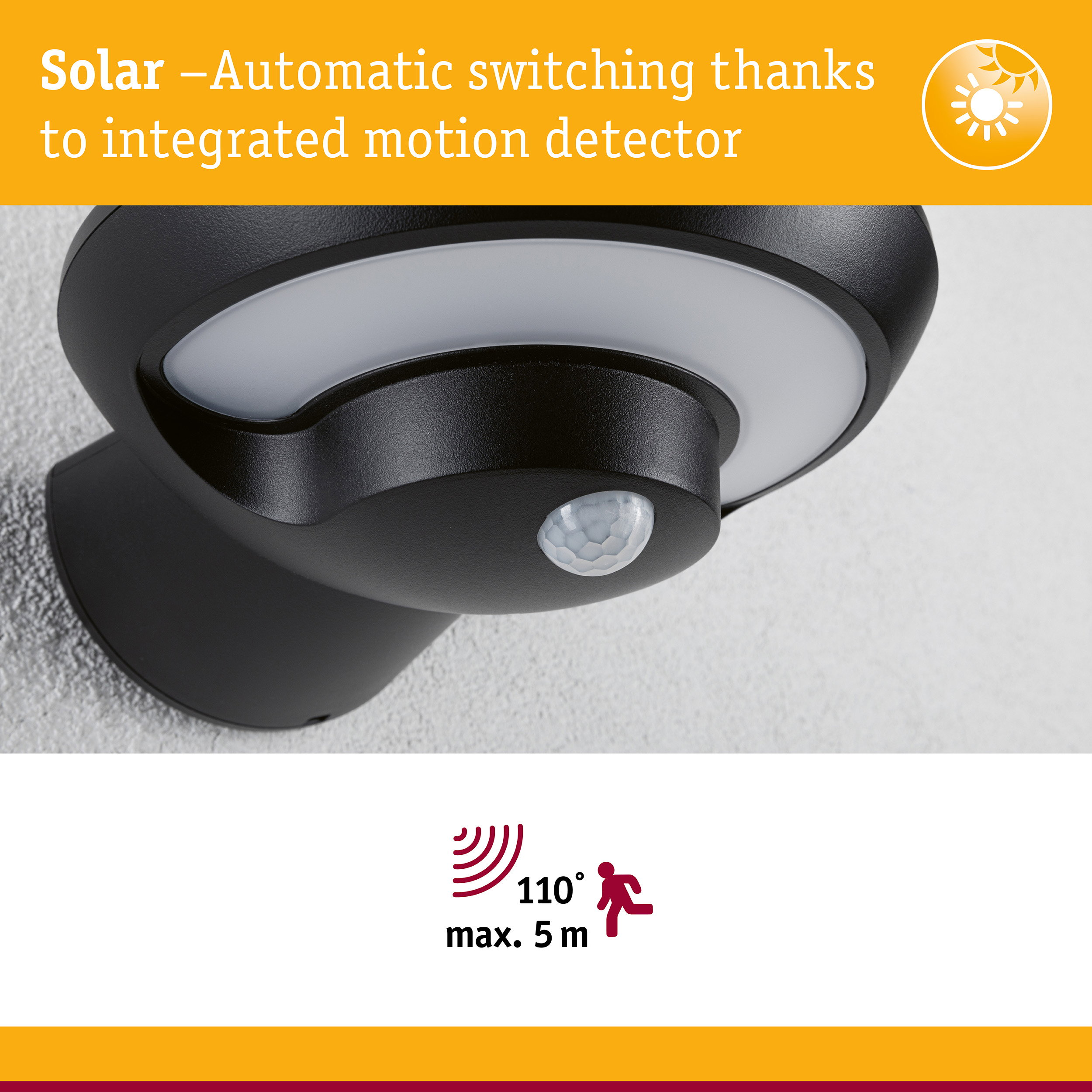 Schwarze Solar-Wandleuchte mit integriertem Bewegungsmelder an heller Wand, mit Text und Symbolen unten.